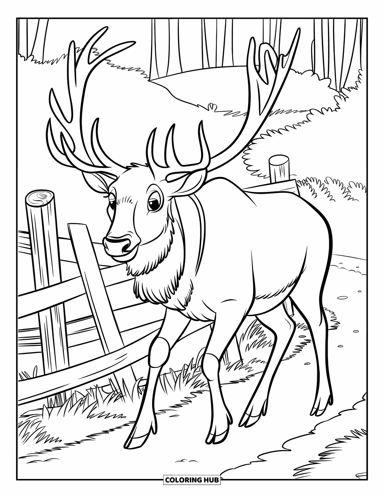 Elk Coloring Page for Kids: Gentle elk with a collar walks beside a broken wooden fence in the woods