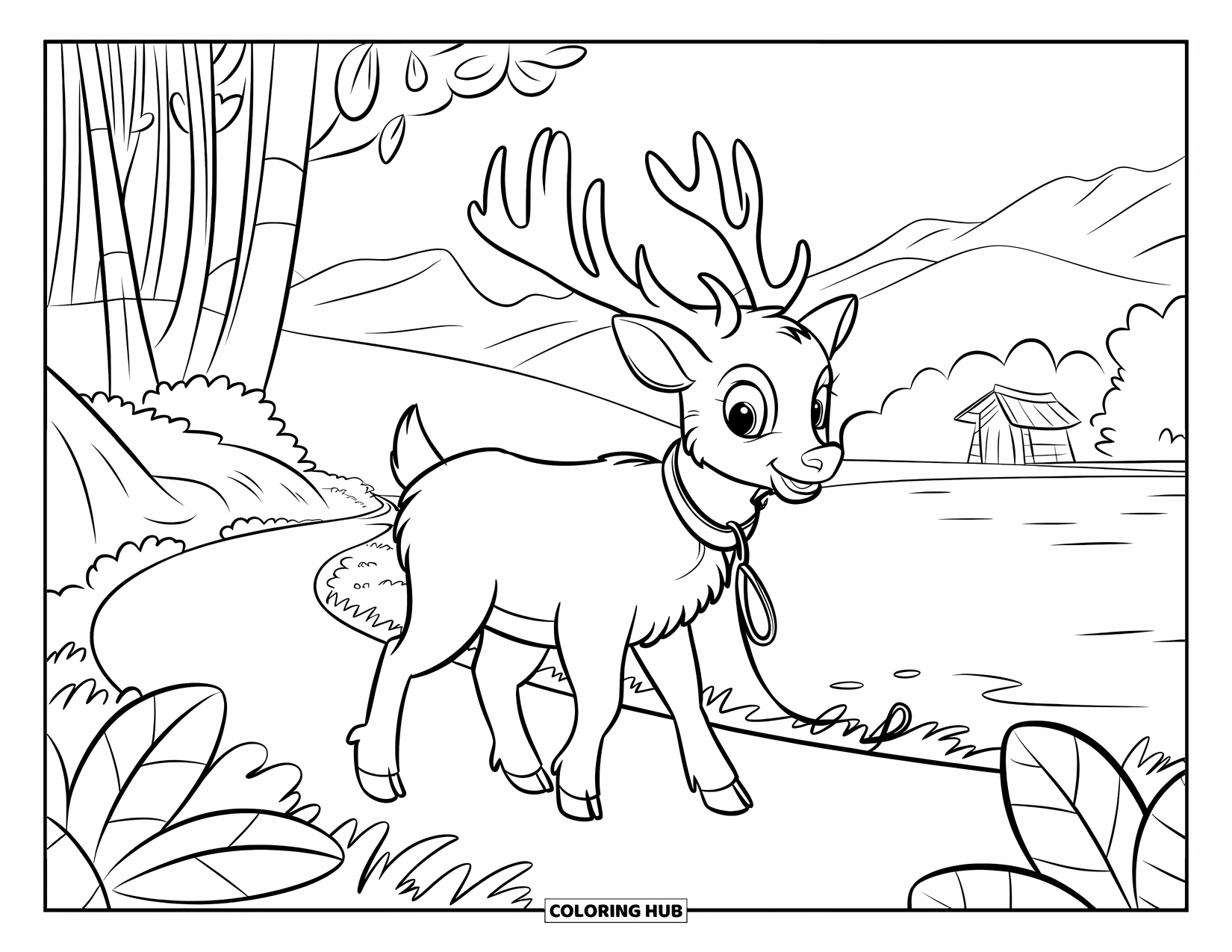Elk Coloring Page for Kids: Happy elk on a path lined with trees, flowers, and a small hut