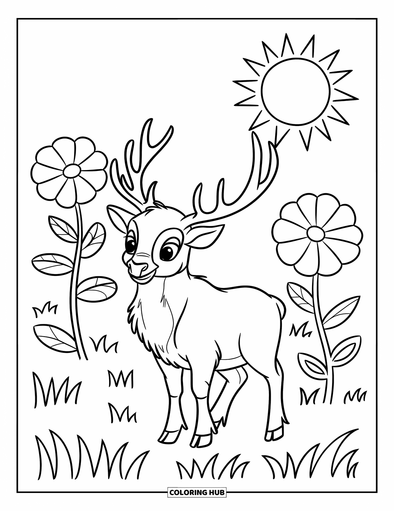 Elk Coloring Page for Kids: Smiling elk stands among flowers under the warm sun in a grassy field