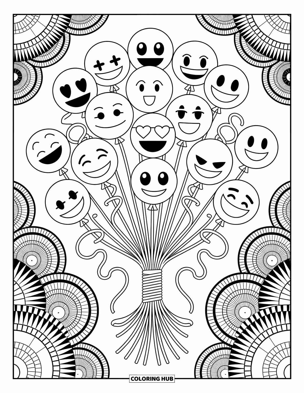 Emoji Coloring Page for Adults: A balloon bouquet filled with emoji faces tied by spiraling ribbons around a central pole