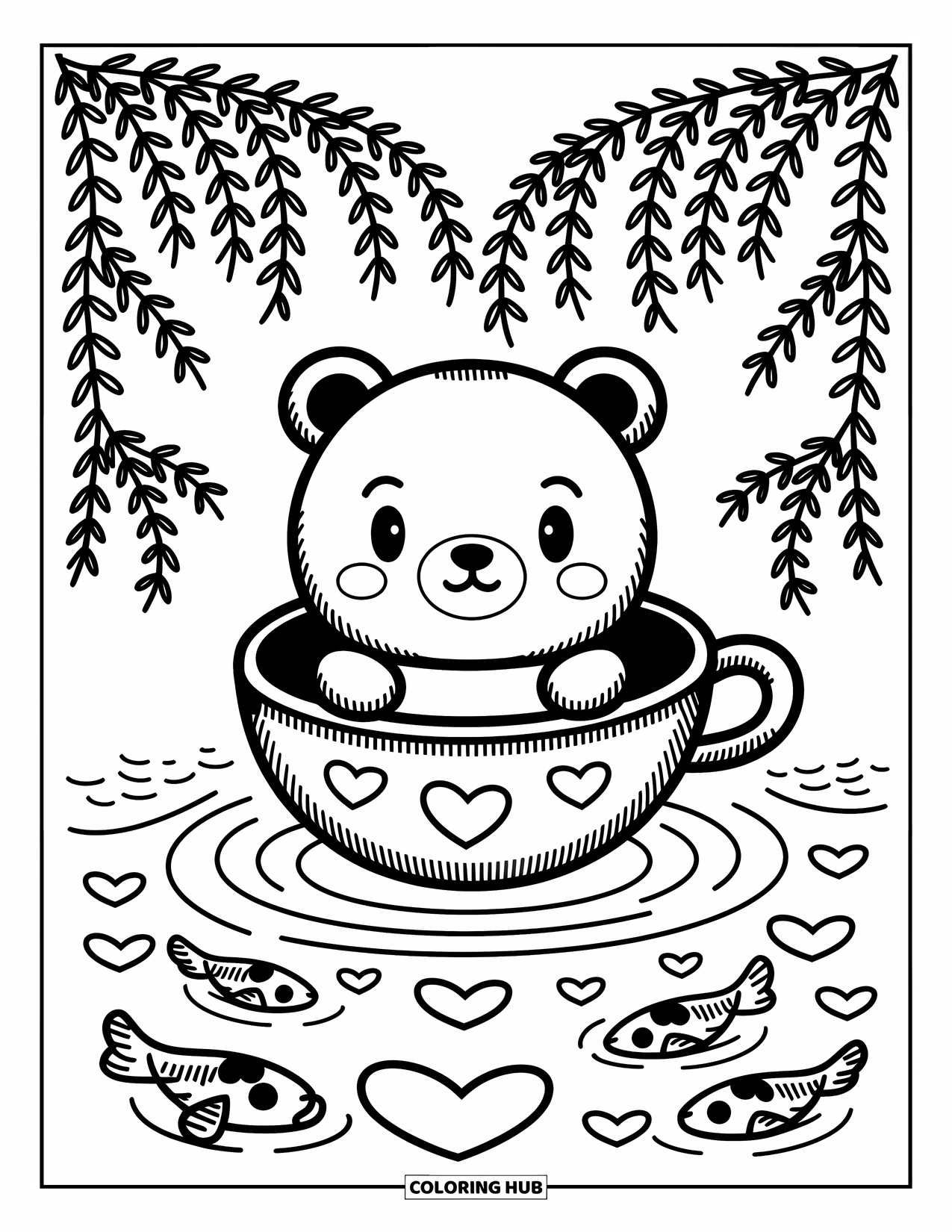 Emoji Coloring Page for Adults: A bear emoji floats calmly in a teacup boat through a stream of heart ripples