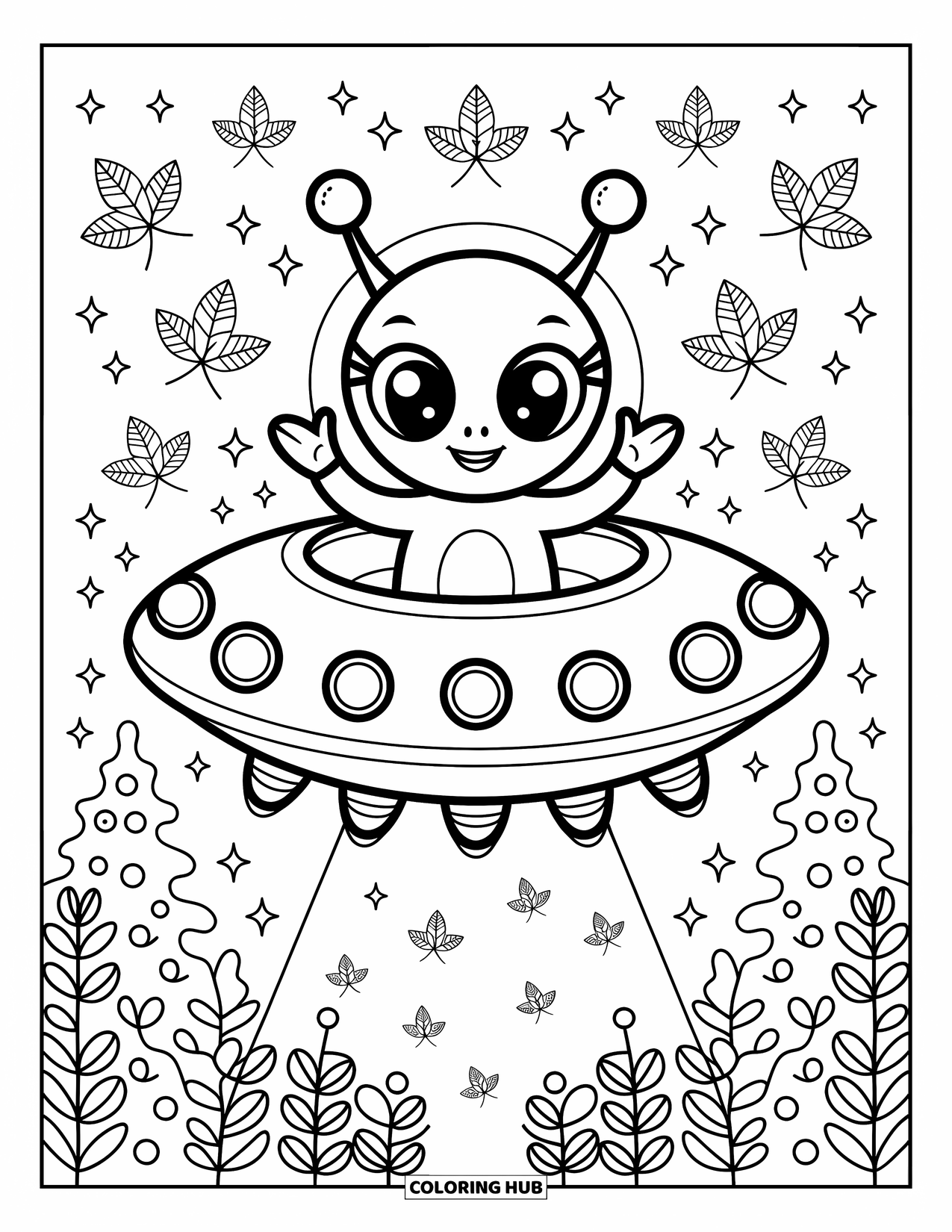 Emoji Coloring Page for Adults: A cheerful alien emoji waves from a UFO above a dreamy forest with glowing bugs