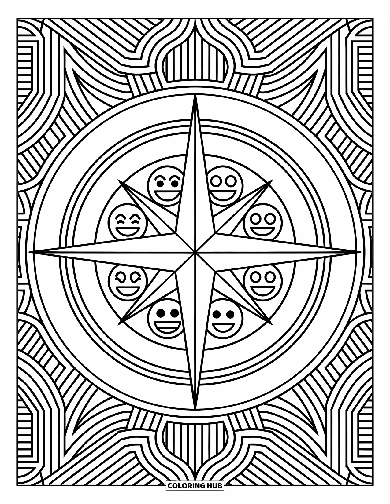 Emoji Coloring Page for Adults: A compass rose made of layered emoji faces, surrounded by detailed and artistic patterns