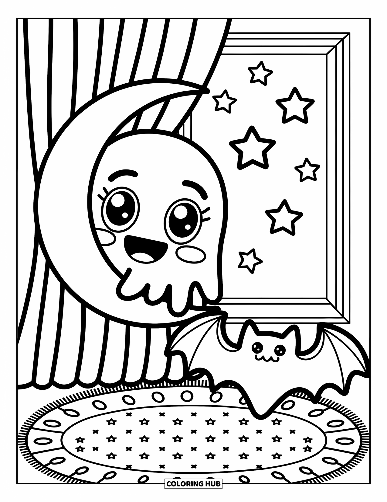 Emoji Coloring Page for Adults: A cozy bat pillow and patterned rug rest near a ghost peeking through moon curtains
