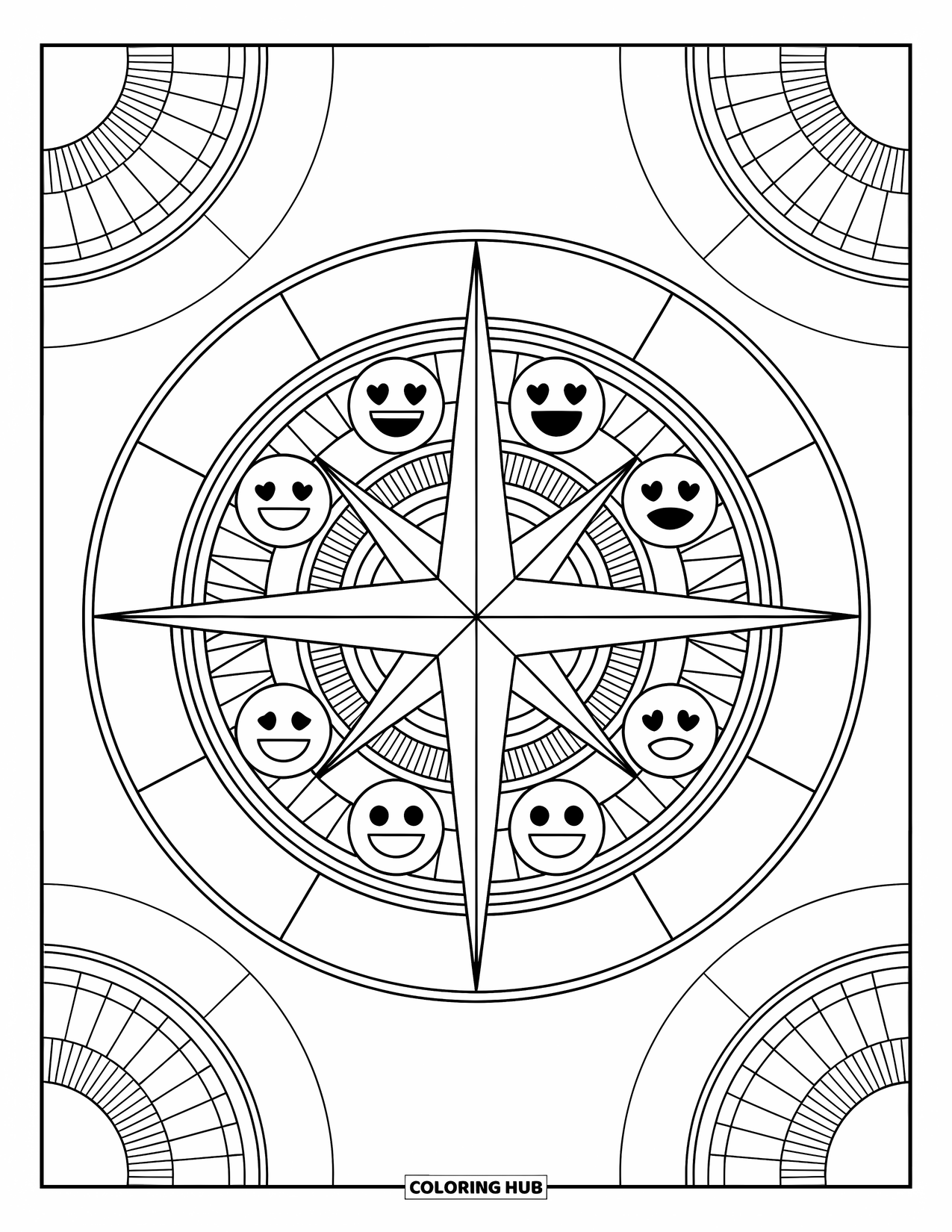 Emoji Coloring Page for Adults: A detailed compass rose with emoji faces showing different emotions and surrounded by patterns