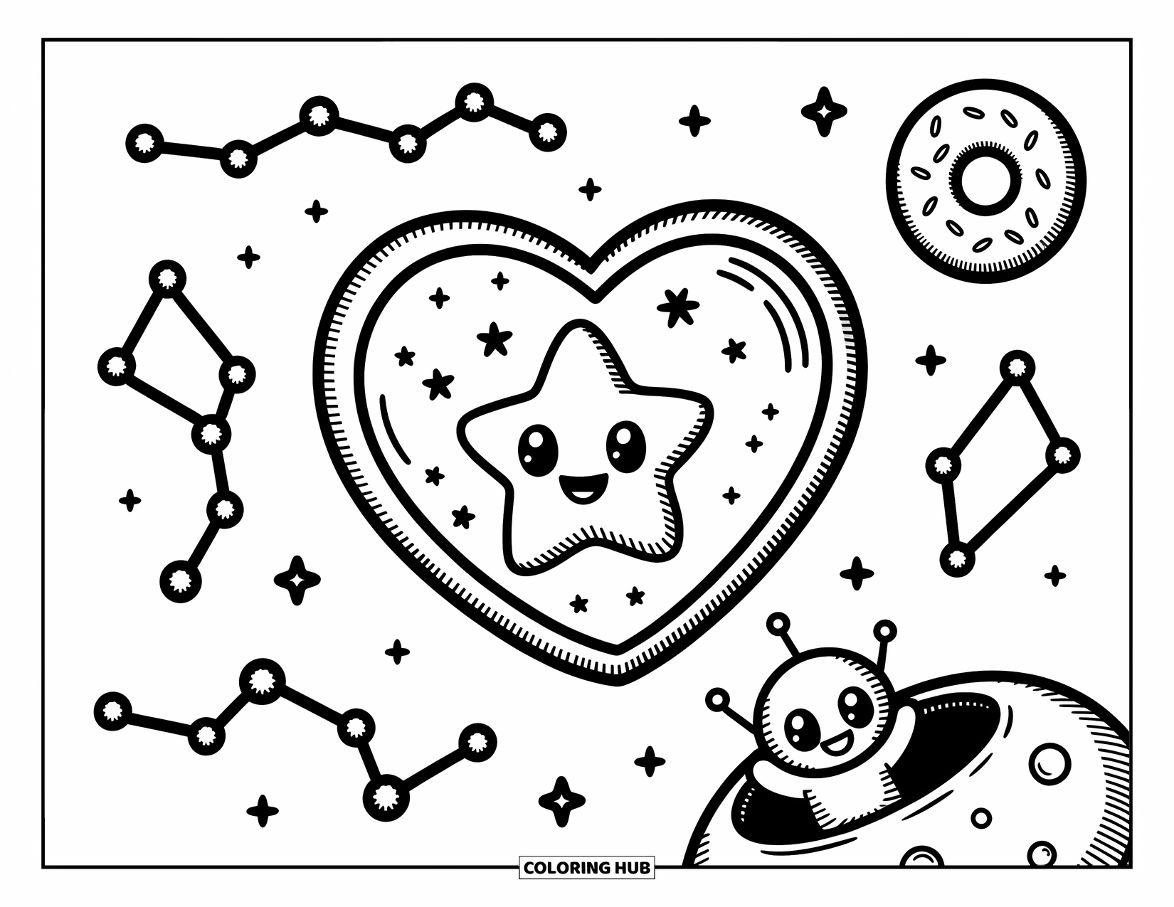 Emoji Coloring Page for Adults: A donut planet spins as a star emoji glows near twinkling stars and a waving alien