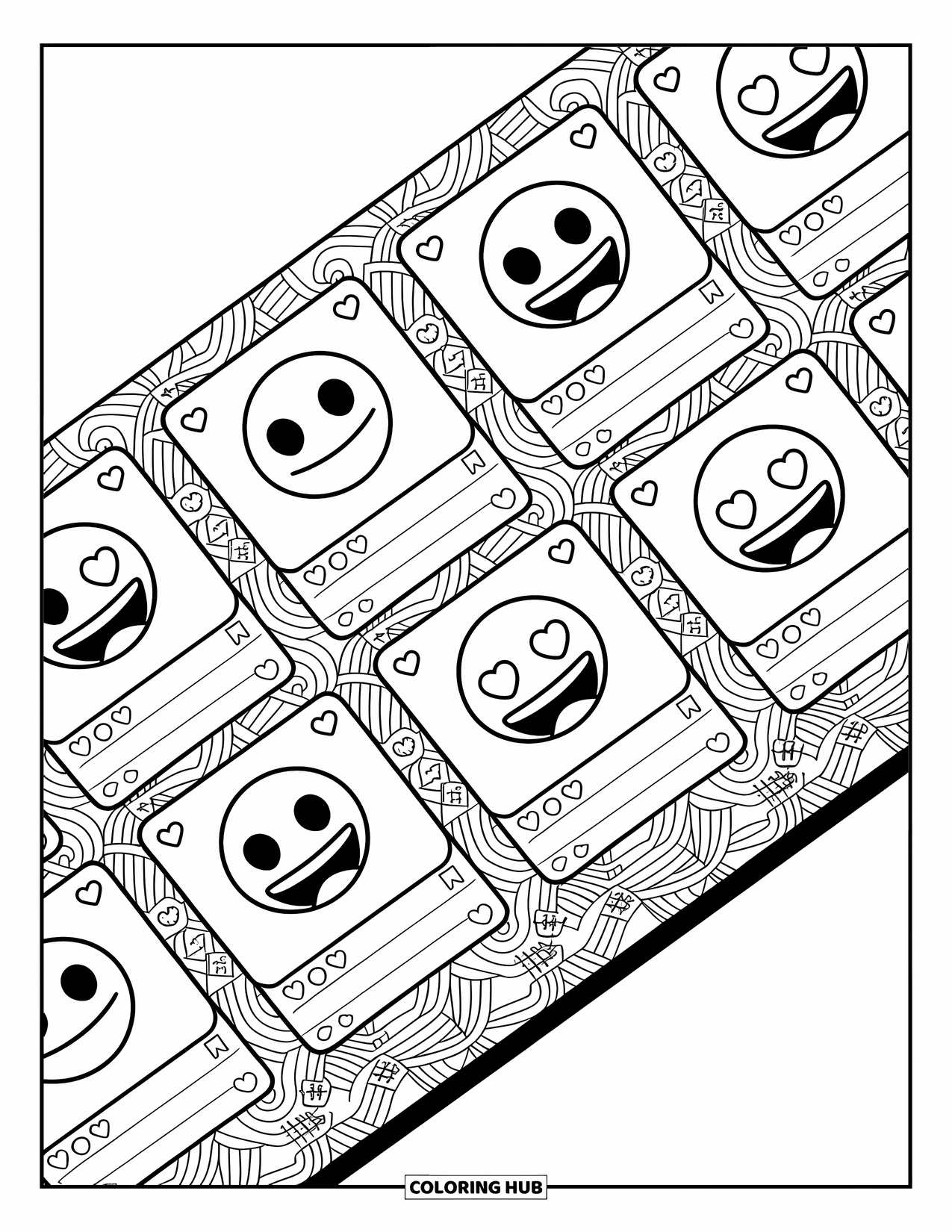 Emoji Coloring Page for Adults: A fun social media feed filled with emojis posing, likes, hashtags, and detailed backgrounds