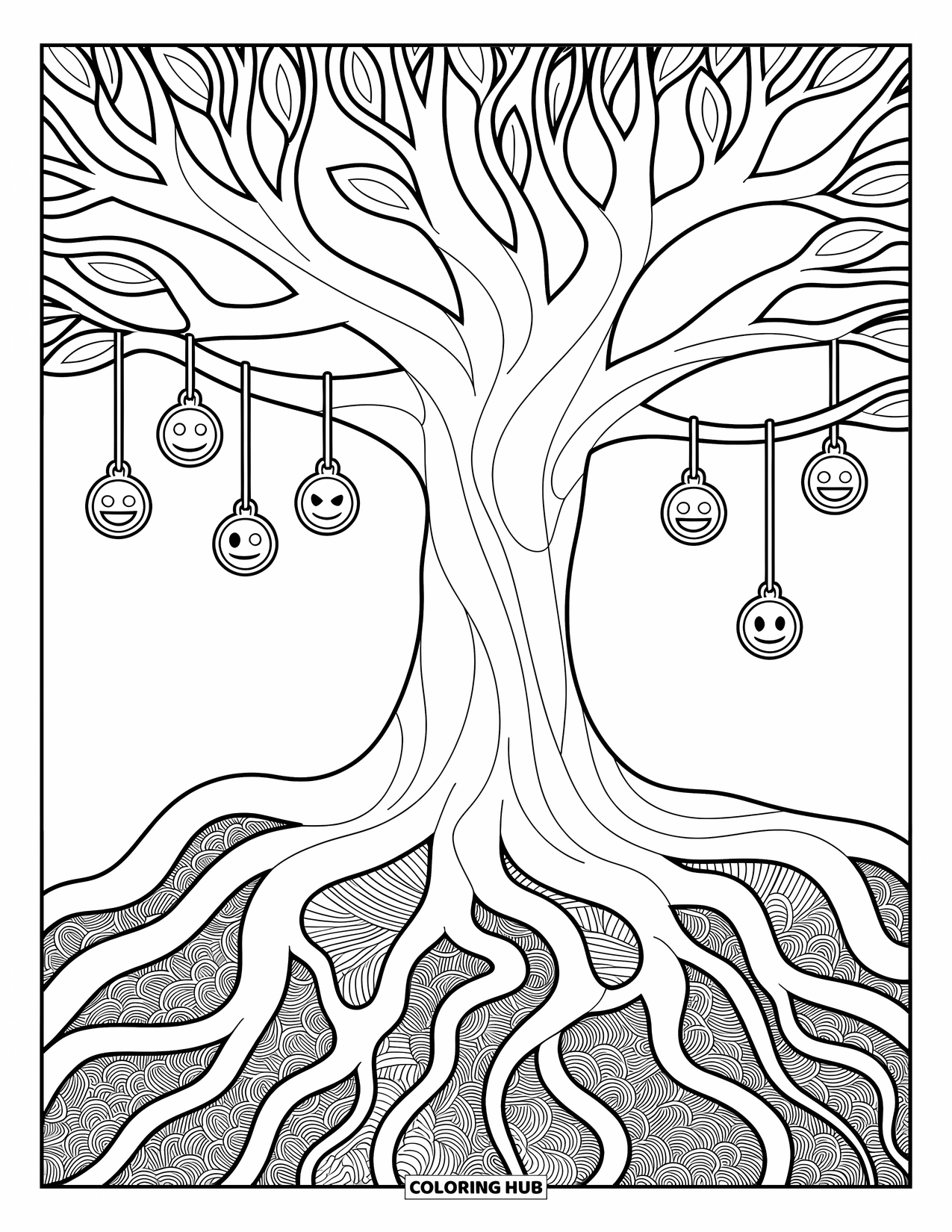 Emoji Coloring Page for Adults: A giant tree with hanging emoji charms and roots curling into intricate, organic shapes