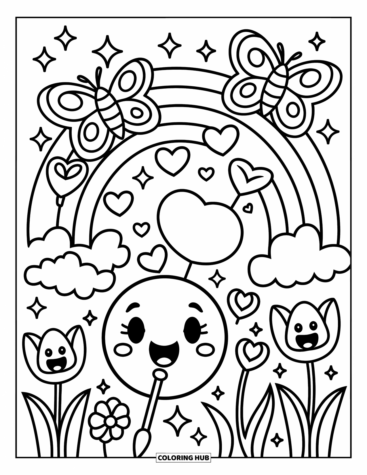 Emoji Coloring Page for Adults: A kissy emoji blows heart bubbles as butterflies flutter and a rainbow sparkles behind