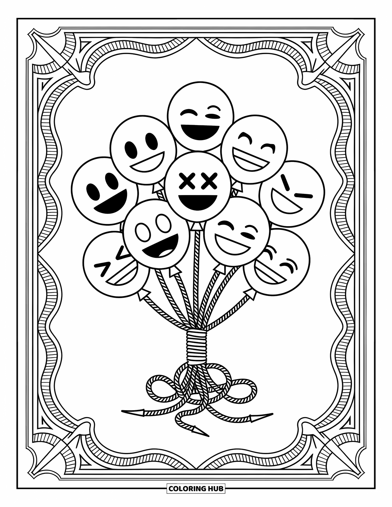 Emoji Coloring Page for Adults: A playful bouquet of emoji balloons tied with ribbons and surrounded by intricate patterns