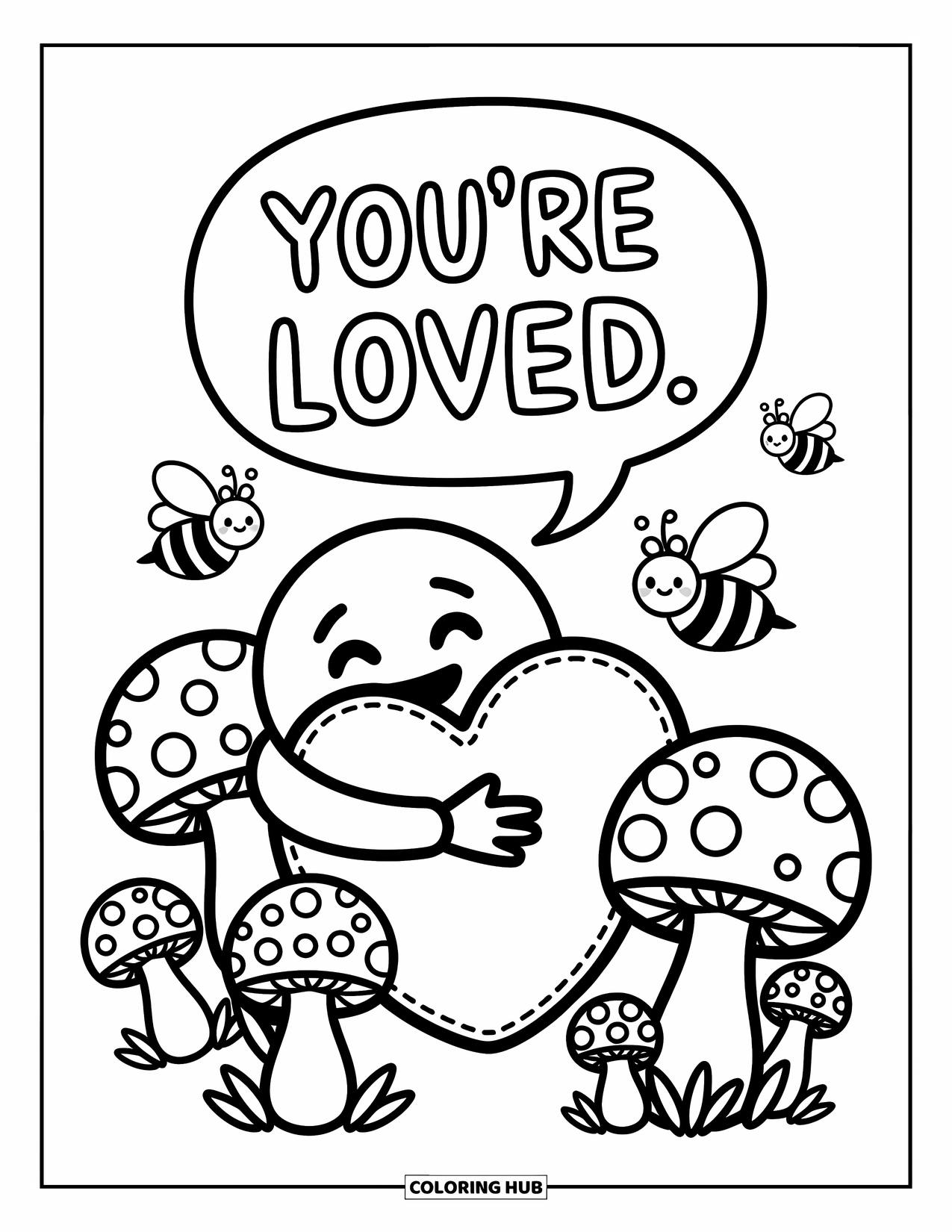 Emoji Coloring Page for Adults: A plush heart is hugged by a sweet emoji as bees dance around kawaii mushrooms