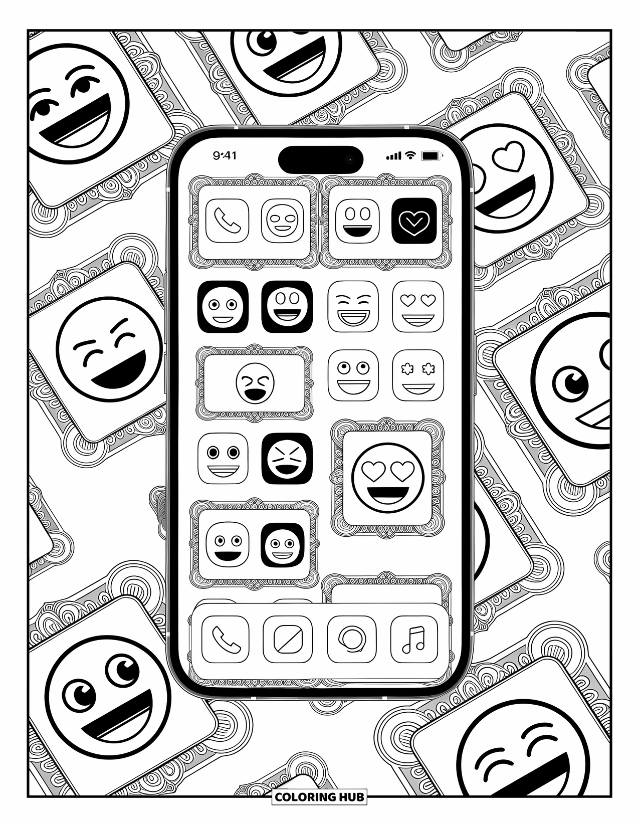 Emoji Coloring Page for Adults: A screen layout packed with emoji apps, each framed by swirling patterns and decorations