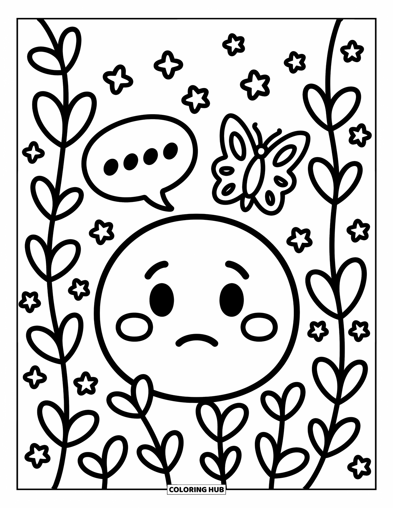 Emoji Coloring Page for Adults: A shy emoji hides behind heart vines as flower petals gently fall around them