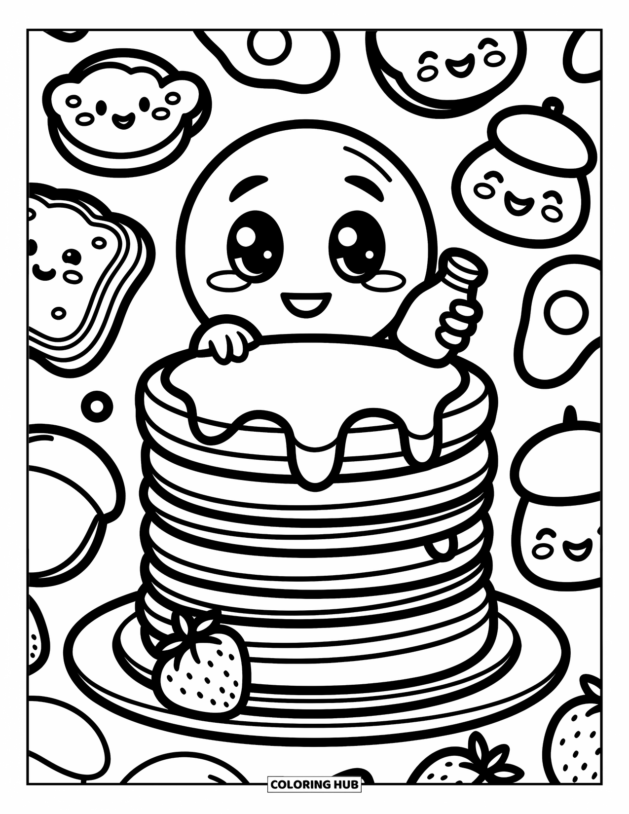 Emoji Coloring Page for Adults: A shy emoji hides behind pancakes while eggs in berets and toast slices smile nearby
