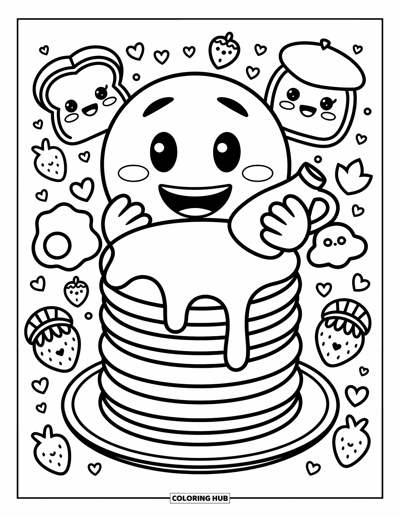 Emoji Coloring Page for Adults: A shy emoji peeks from behind pancakes, holding syrup near toast, eggs, and strawberries