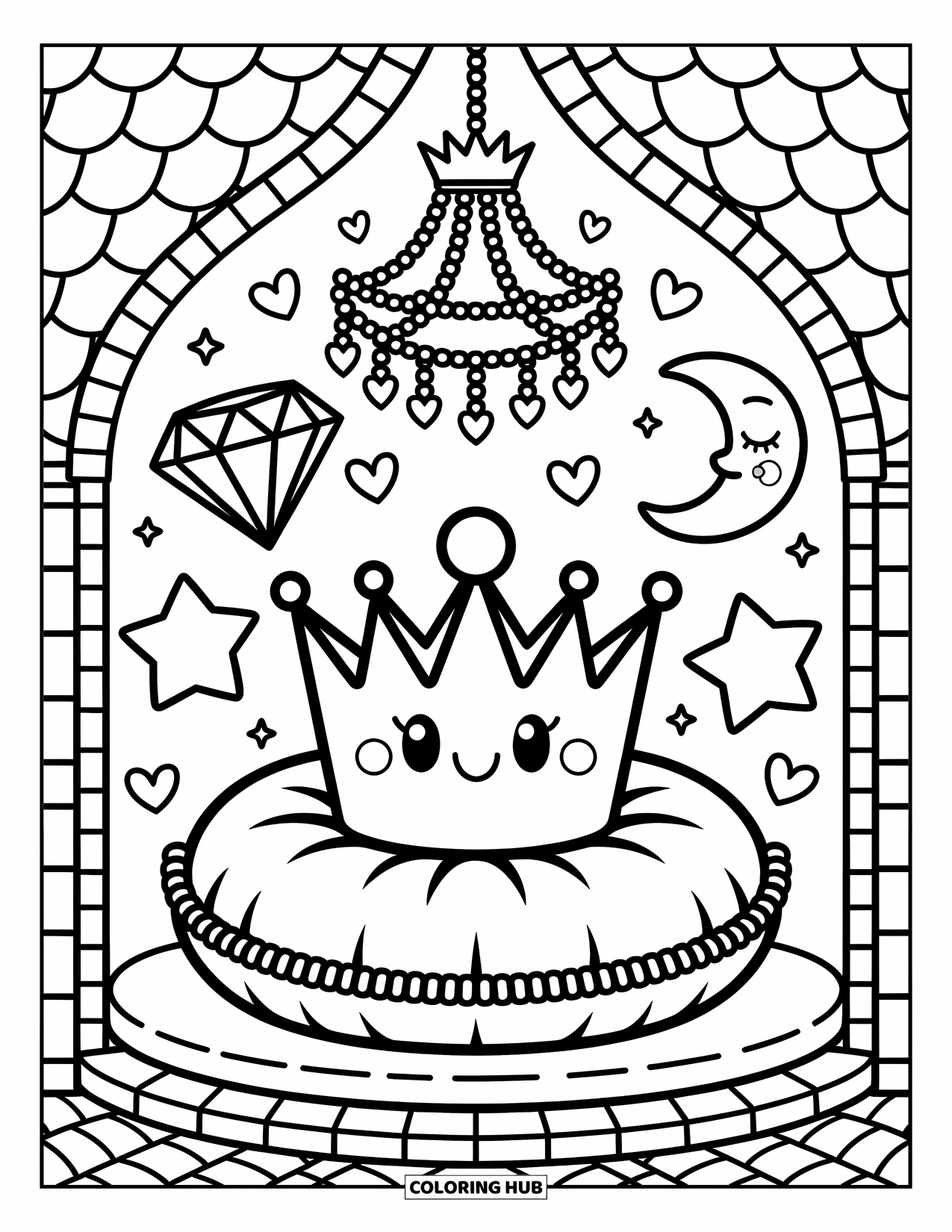 Emoji Coloring Page for Adults: A sleepy moon, diamond, and star surround a crown emoji under a heart-lit chandelier