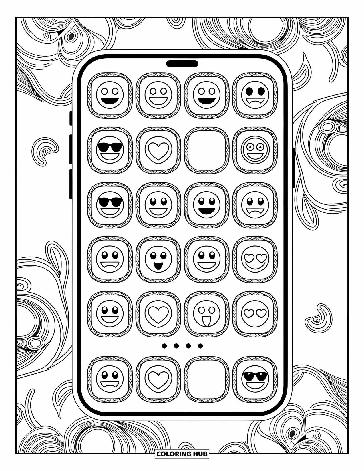 Emoji Coloring Page for Adults: A smartphone home screen filled with emoji app icons framed by ornate, decorative borders