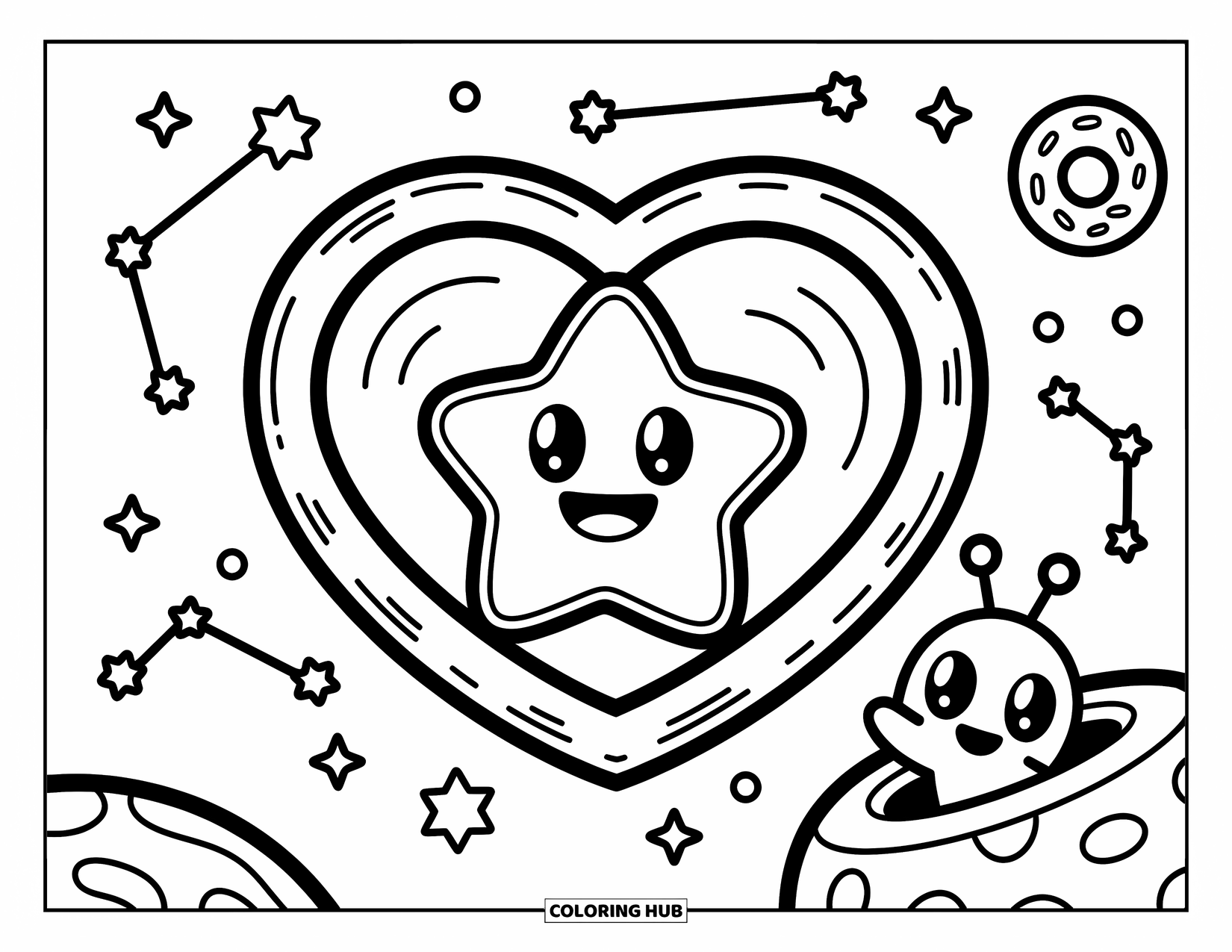 Emoji Coloring Page for Adults: A star emoji floats in space inside a heart window, with a waving alien below