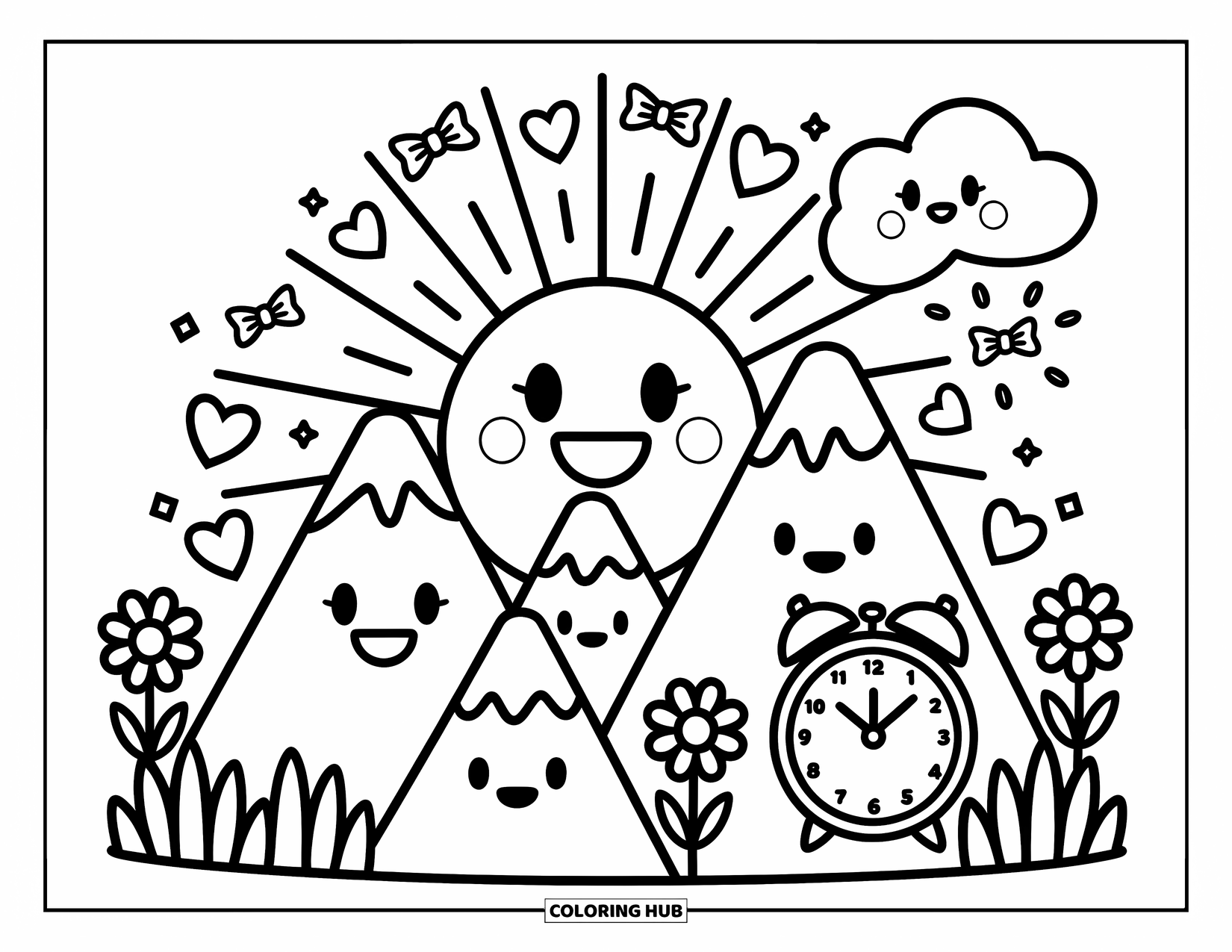 Emoji Coloring Page for Adults: A sun emoji rises behind happy peaks while a yawning cloud rests beside a cute clock