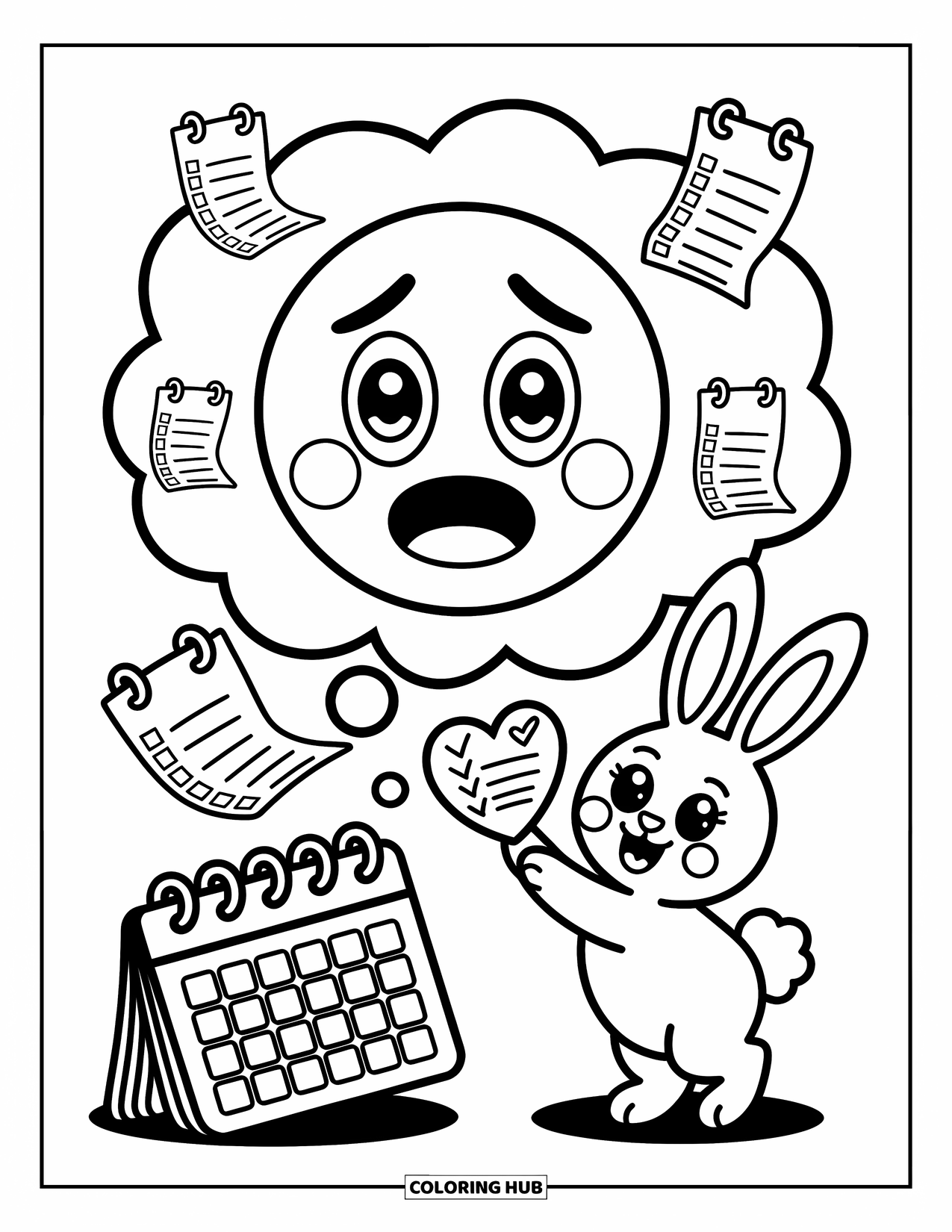 Emoji Coloring Page for Adults: A sweet bunny reaches up with a heart checklist toward a bubble-bound emoji