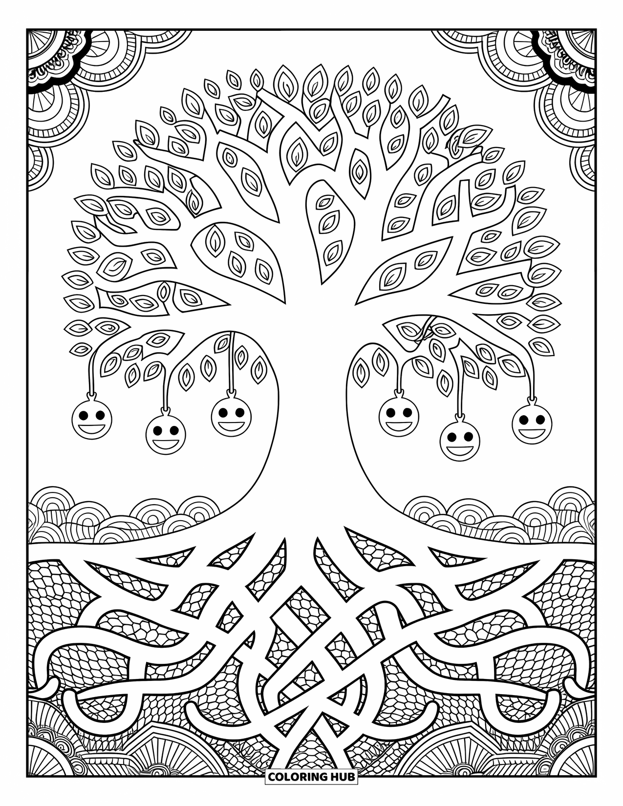 Emoji Coloring Page for Adults: A tall tree with emoji charms dangling from the branches and roots twisting into patterns