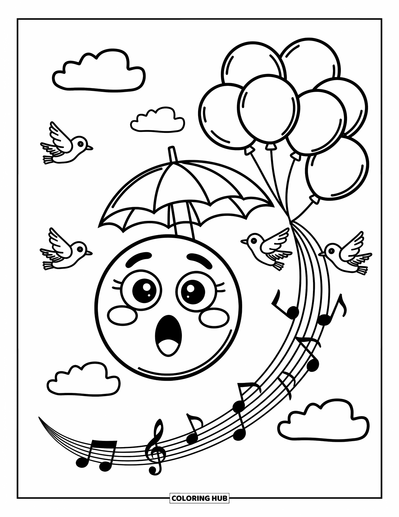 Emoji Coloring Page for Adults: A wide-eyed emoji floats among balloons as birds in scarves flutter by cheerfully
