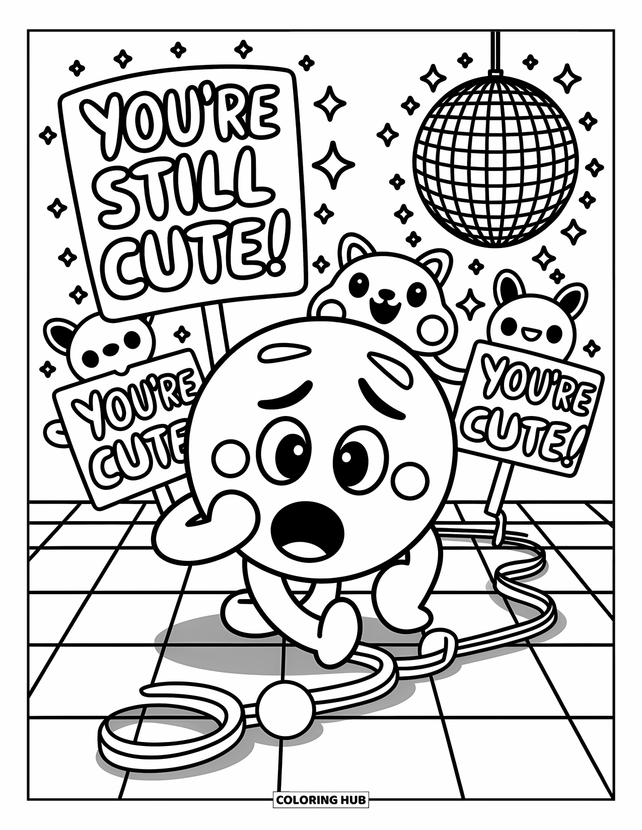Emoji Coloring Page for Adults: Blushing, an emoji stumbles at a dance party while kawaii critters show loving signs