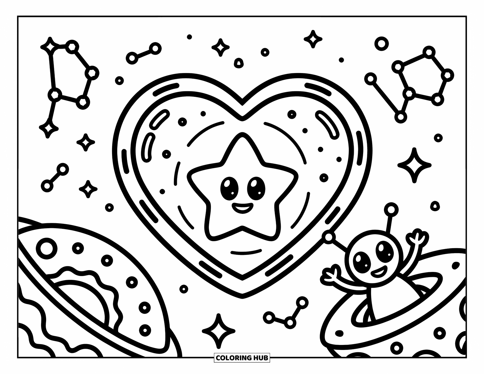 Emoji Coloring Page for Adults: Constellations twinkle as a star emoji floats in space, watched by a friendly alien