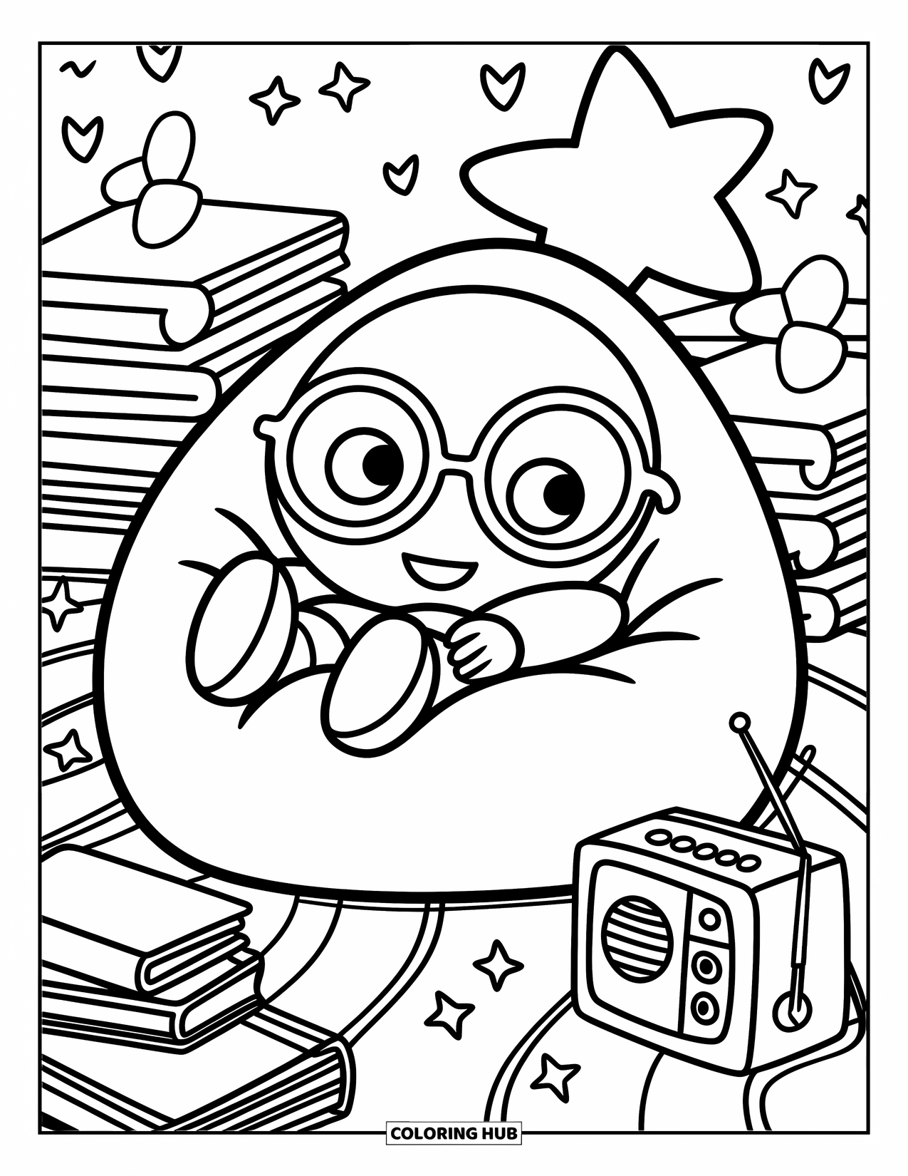 Emoji Coloring Page for Adults: Lounging with glasses, a cool emoji chills among star pillows, books, and cozy details