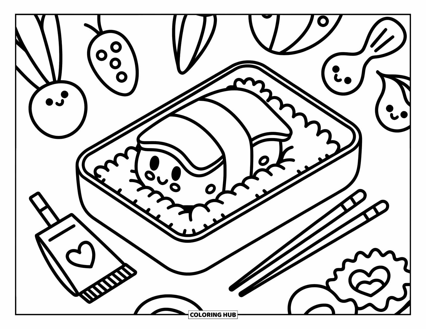 Emoji Coloring Page for Adults: Peaceful sushi lies in a bento box surrounded by cheerful veggies and cozy details