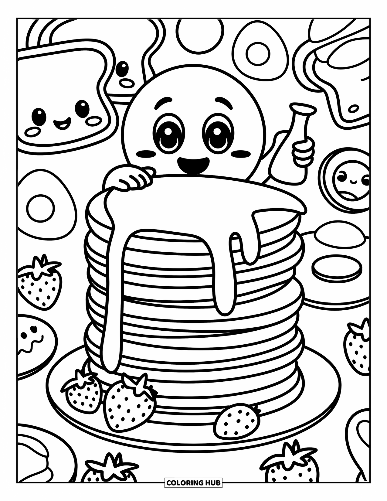 Emoji Coloring Page for Adults: Smiling toast and berries surround a shy emoji hiding behind pancakes with syrup in hand