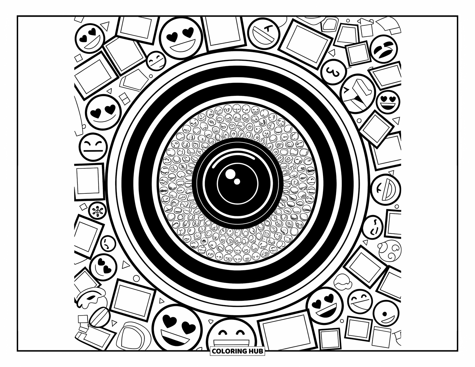 Emoji Coloring Page for Adults: Tiny emoji figures create intricate reflections and frames around a giant camera lens