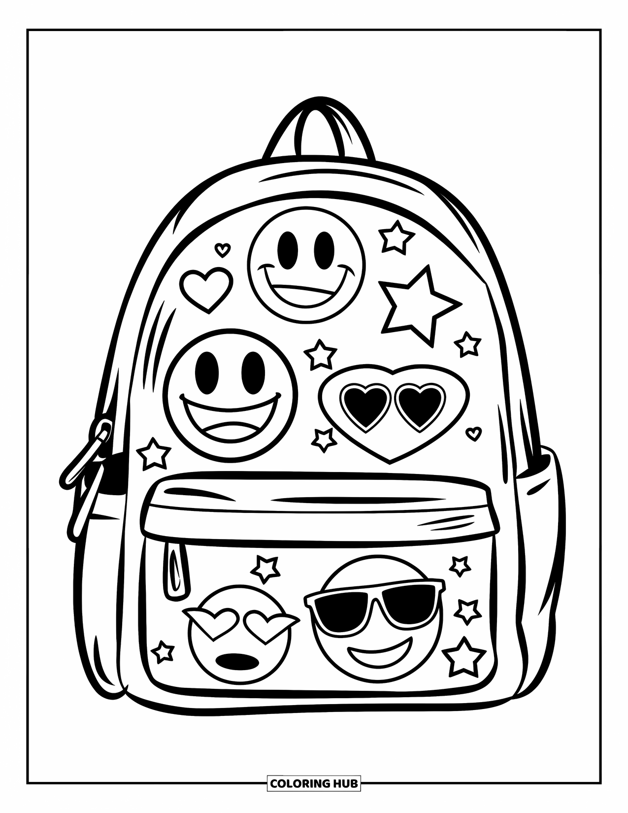 Emoji Coloring Page for Kids: A backpack with emoji patches like hearts and stars sits bold and ready for adventure
