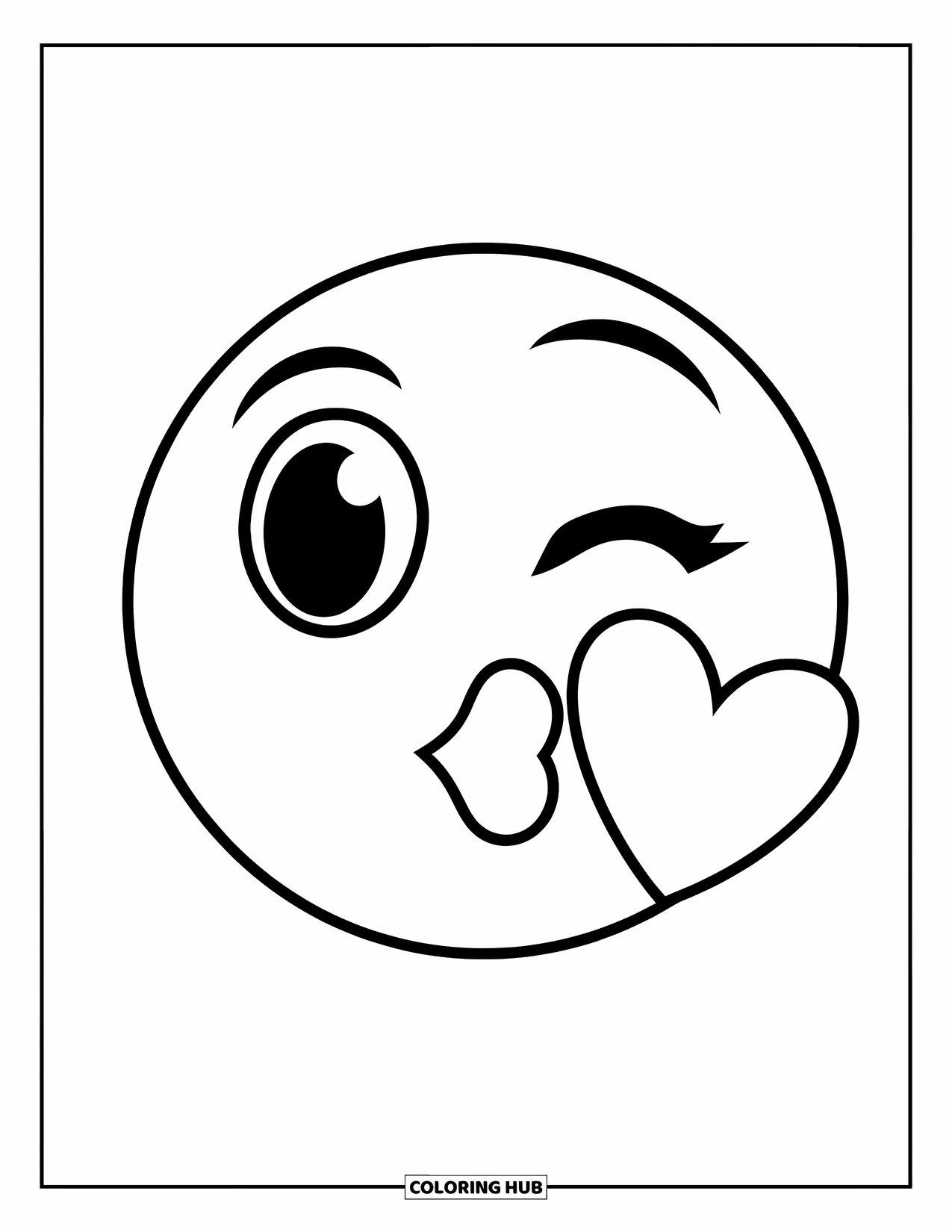 Emoji Coloring Page for Kids: A blowing-a-kiss emoji sends a heart floating gently beside it