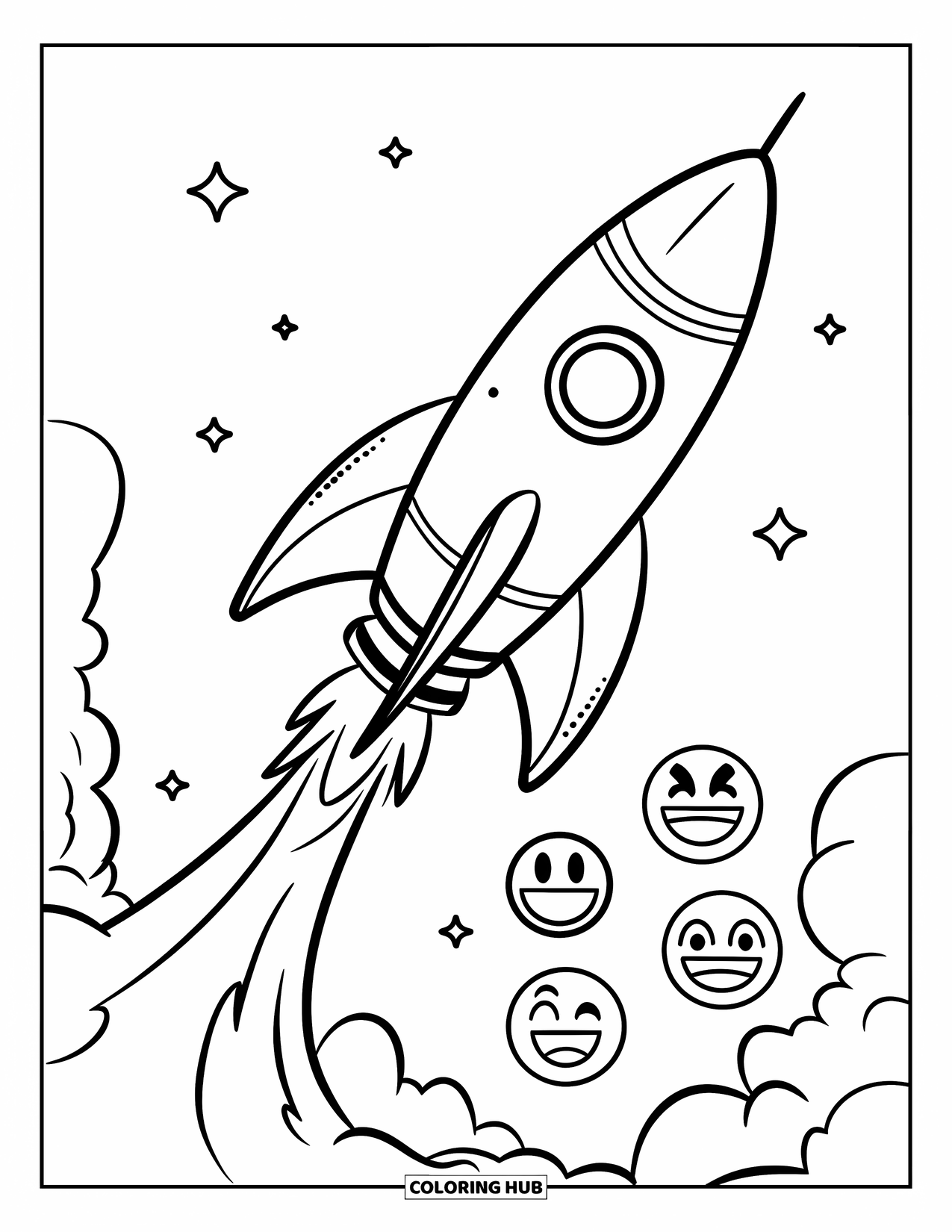 Emoji Coloring Page for Kids: A bold rocket launches skyward while happy emojis cheer beneath a starry sky