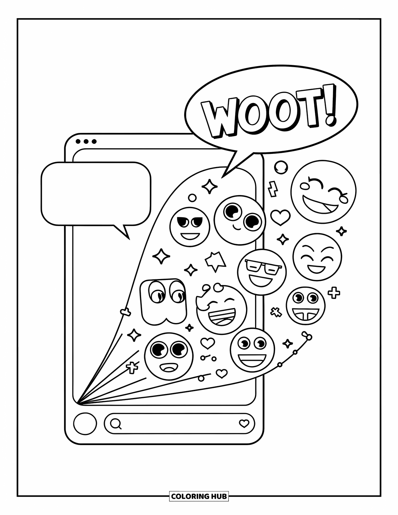 Emoji Coloring Page for Kids: A chat app launches emojis into the air with a "woot!" speech bubble above