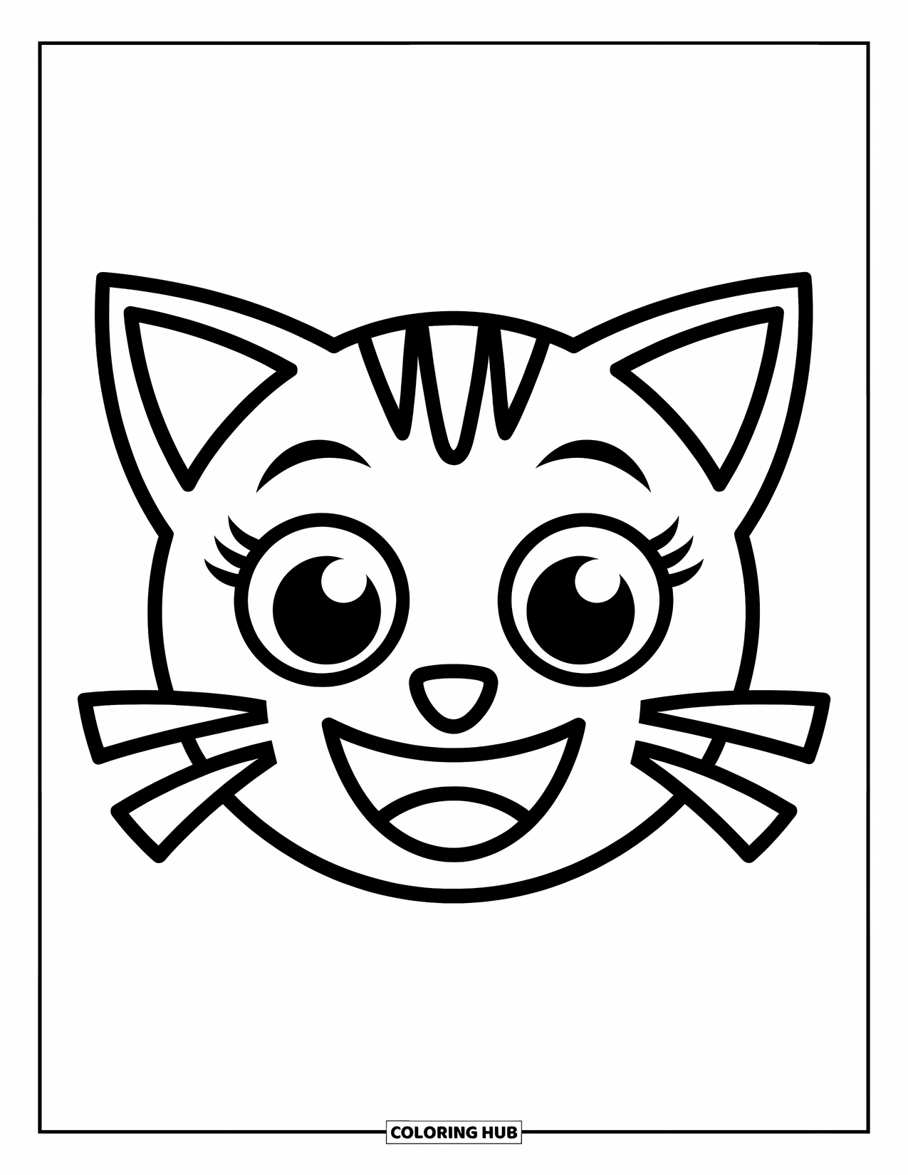 Emoji Coloring Page for Kids: A cheerful cat emoji with triangle ears and wide eyes smiles brightly