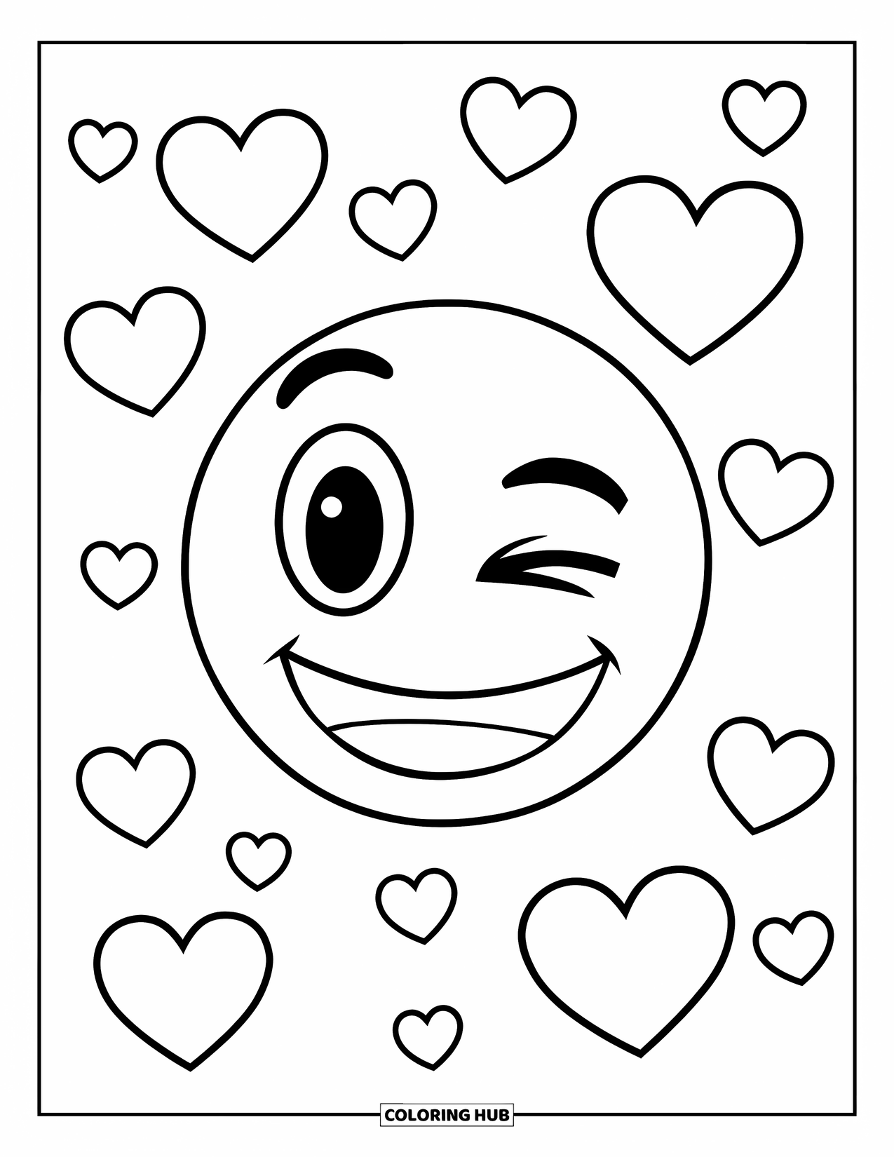 Emoji Coloring Page for Kids: A cheerful emoji winks while little hearts drift gently nearby