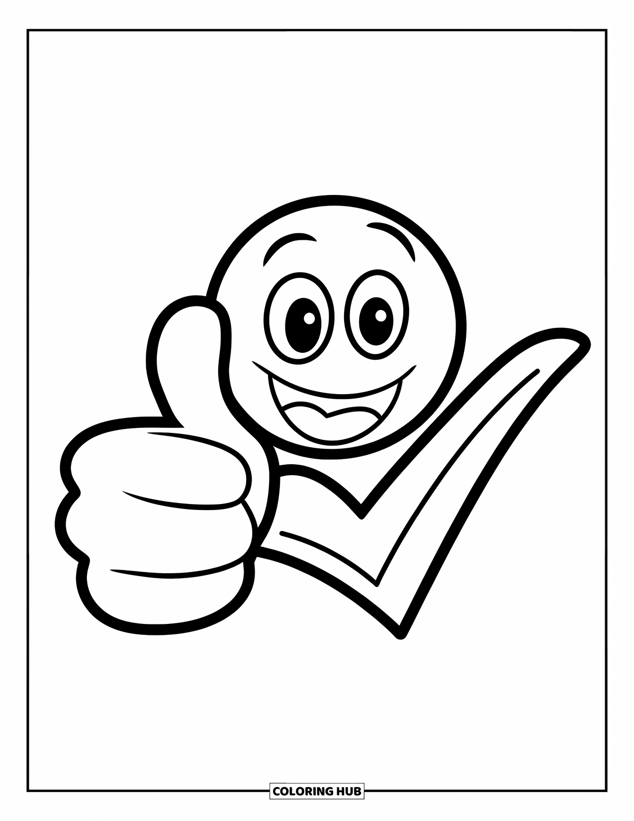 Emoji Coloring Page for Kids: A cheerful thumbs-up emoji appears beside a checkmark on a clean, white background