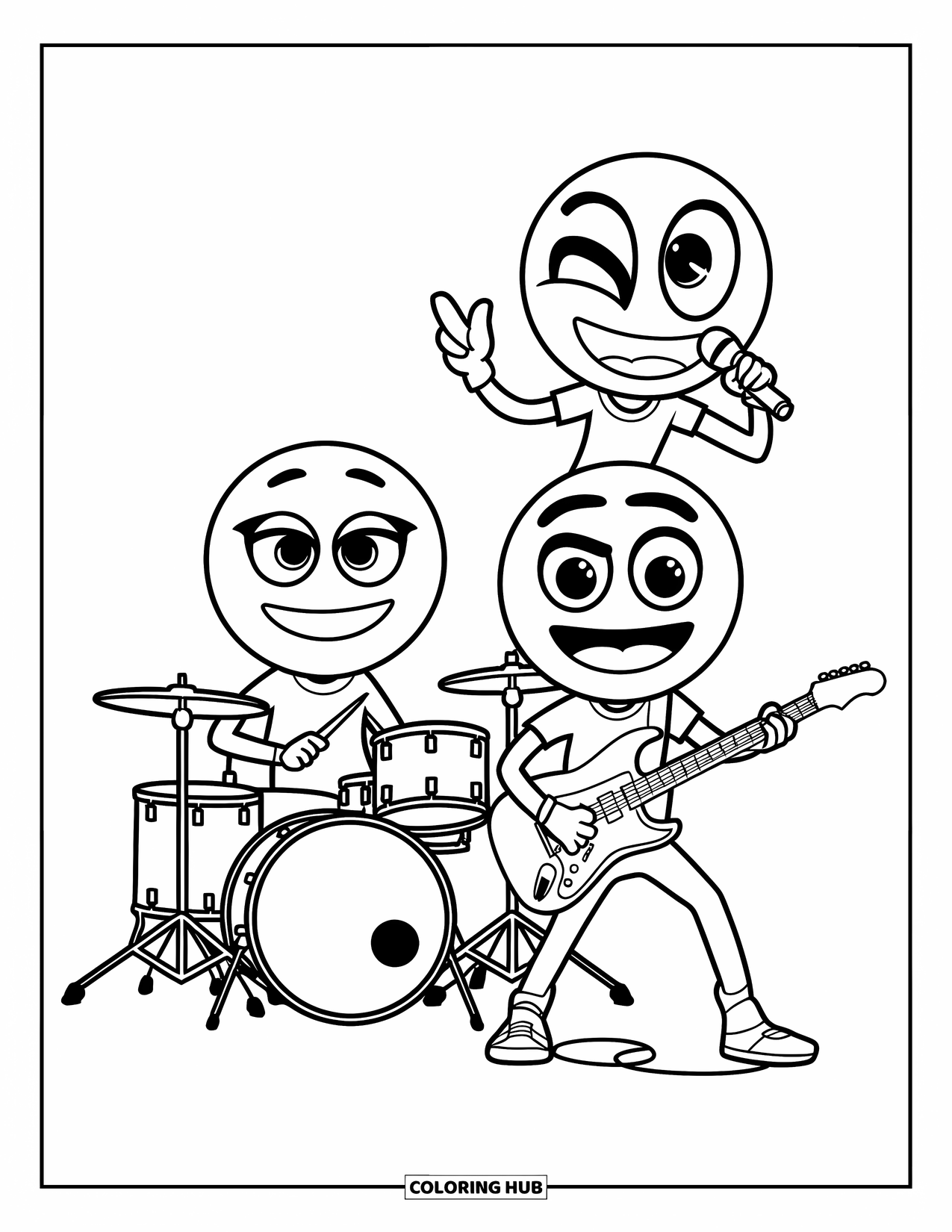 Emoji Coloring Page for Kids: A cool emoji rock band jams with drums, guitar, and mic under bold outlines