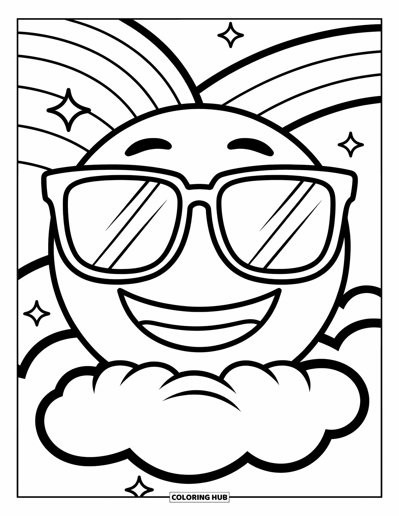 Emoji Coloring Page for Kids: A cool emoji with big sunglasses grins while sitting on a cloud under a rainbow