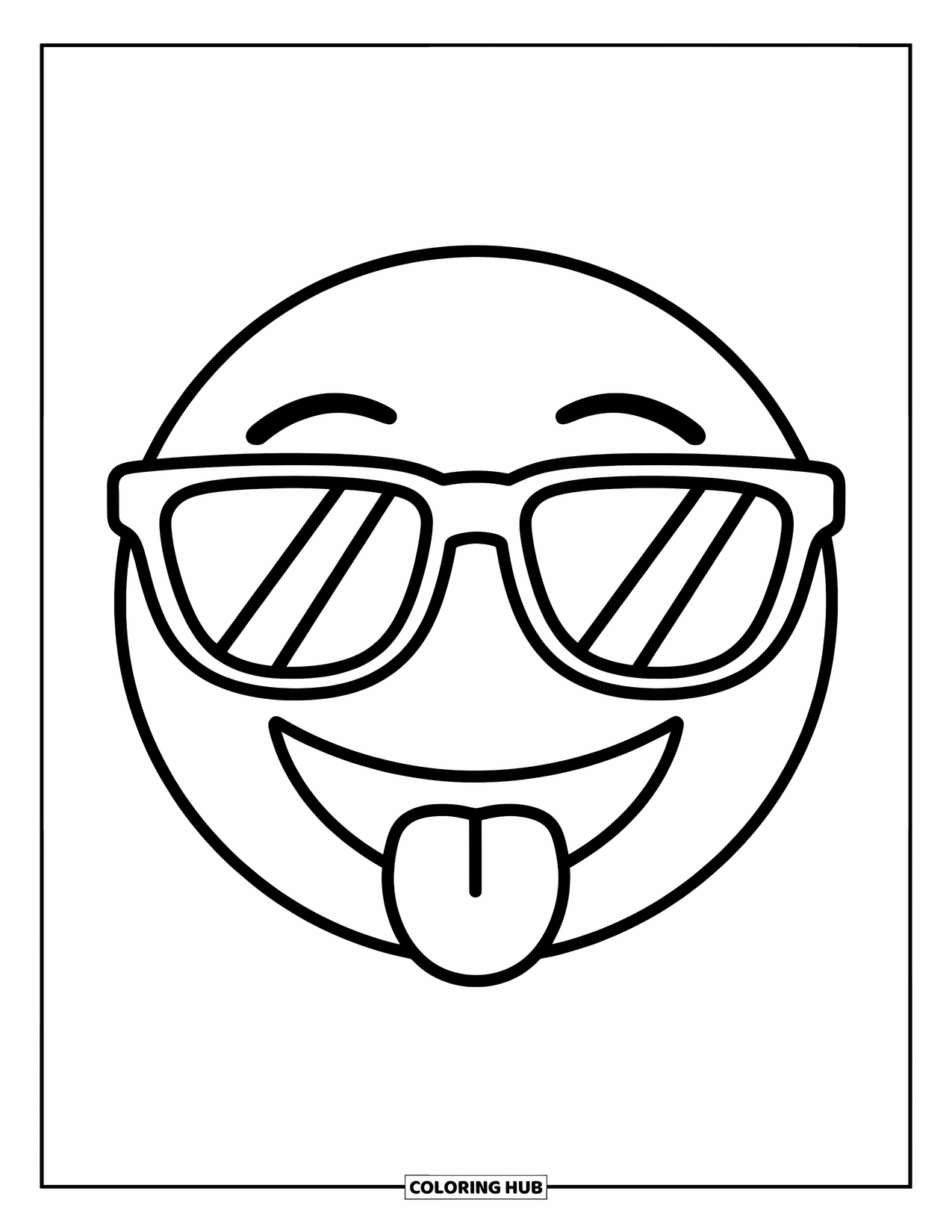 Emoji Coloring Page for Kids: A cool emoji with sunglasses and a tongue out shows off a playful grin