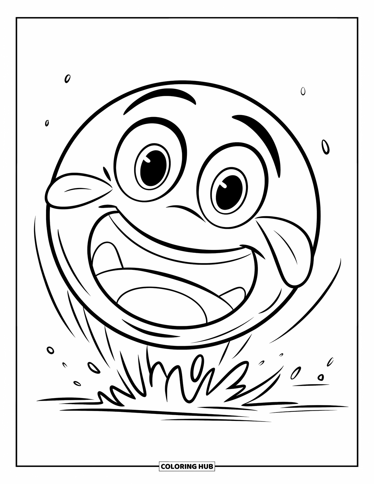 Emoji Coloring Page for Kids: A crying-laughing emoji falls backward with wide eyes and a shocked, open mouth