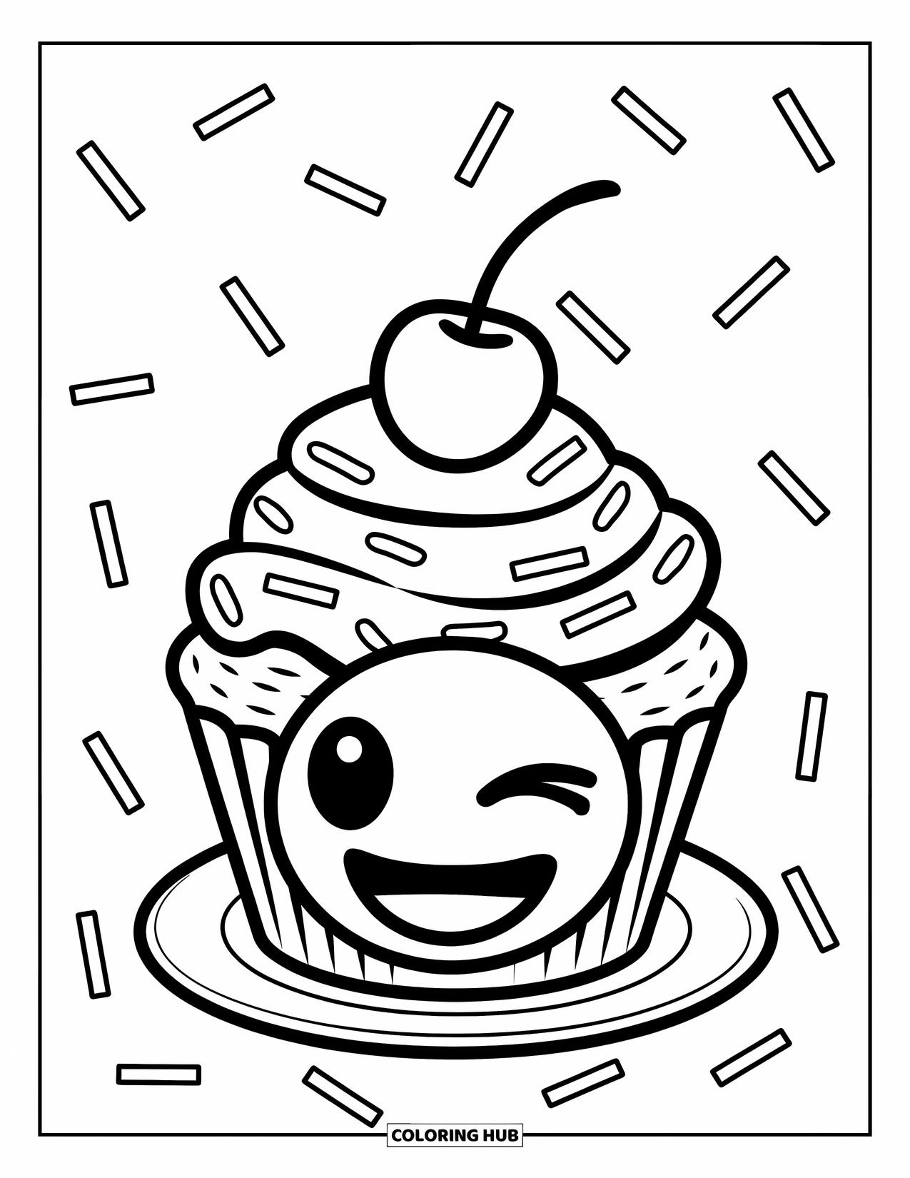 Emoji Coloring Page for Kids: A cupcake with a winking emoji and cherry sits on a plate with scattered sprinkles