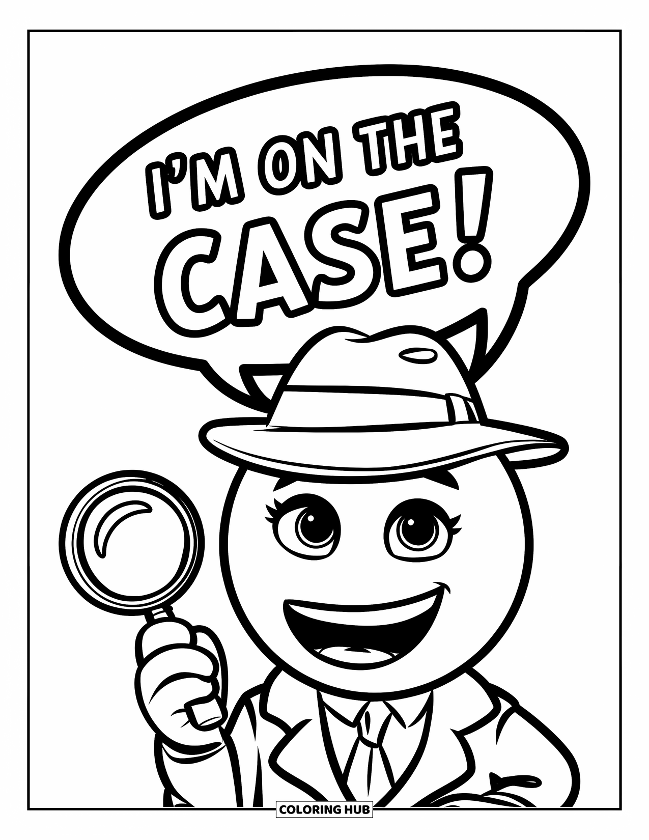 Emoji Coloring Page for Kids: A detective emoji in a suit declares "I'm on the case!" with magnifying glass in hand