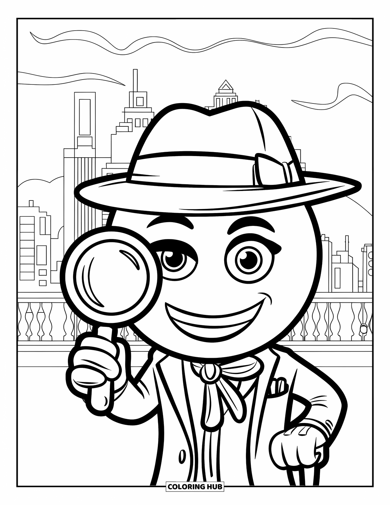 Emoji Coloring Page for Kids: A detective emoji with a hat and cane inspects the city skyline through a magnifying glass