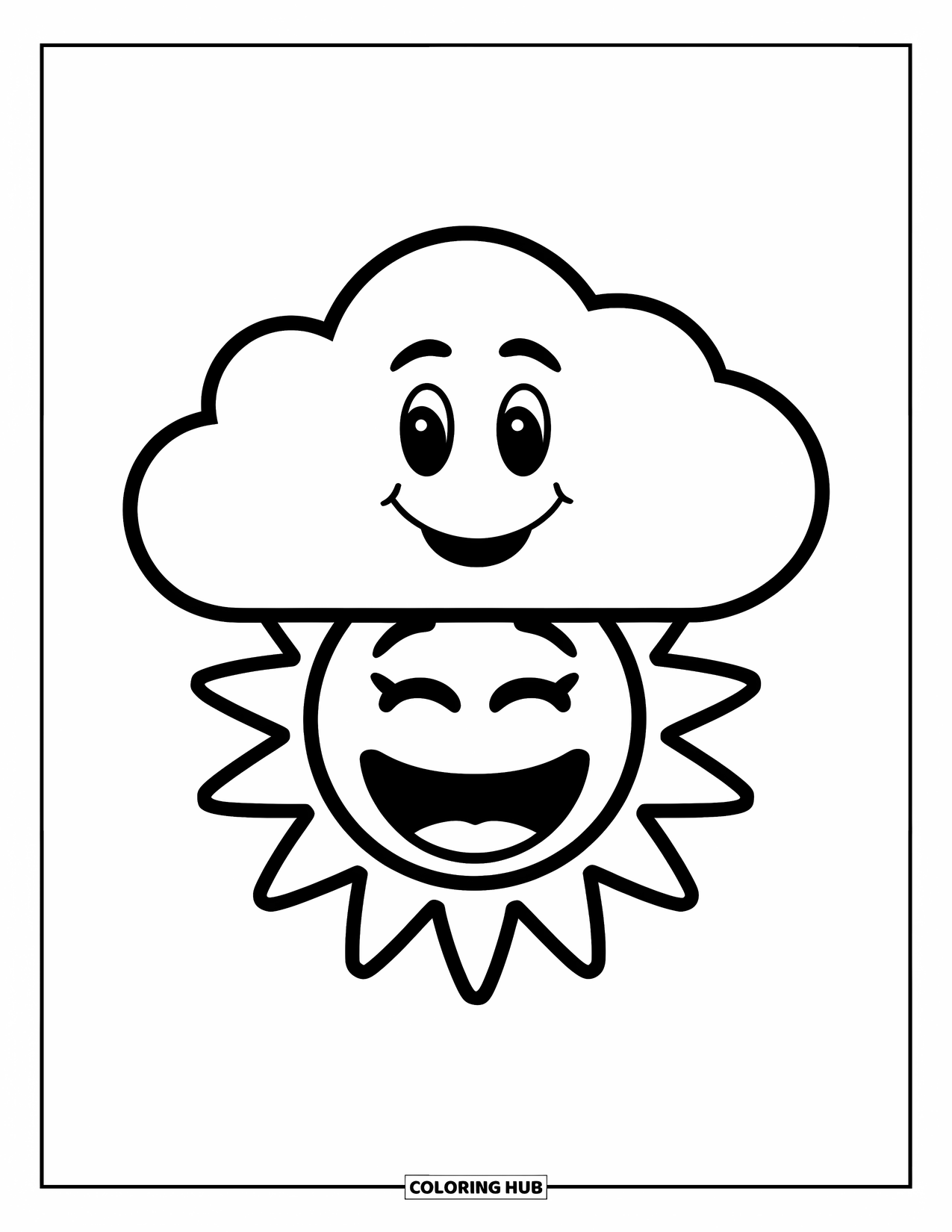 Emoji Coloring Page for Kids: A friendly cloud drifts above a beaming sun emoji on a clear white background