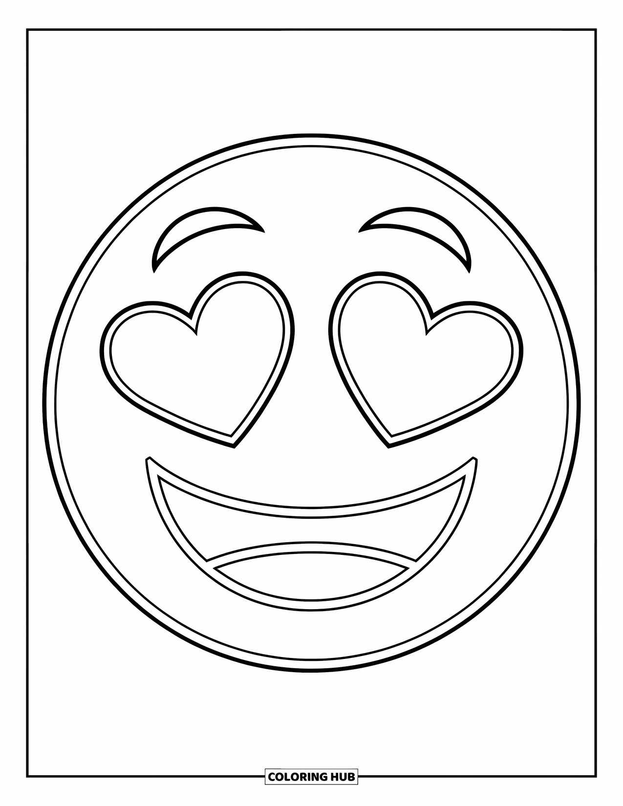 Emoji Coloring Page for Kids: A happy emoji face beams with heart eyes and a big smile