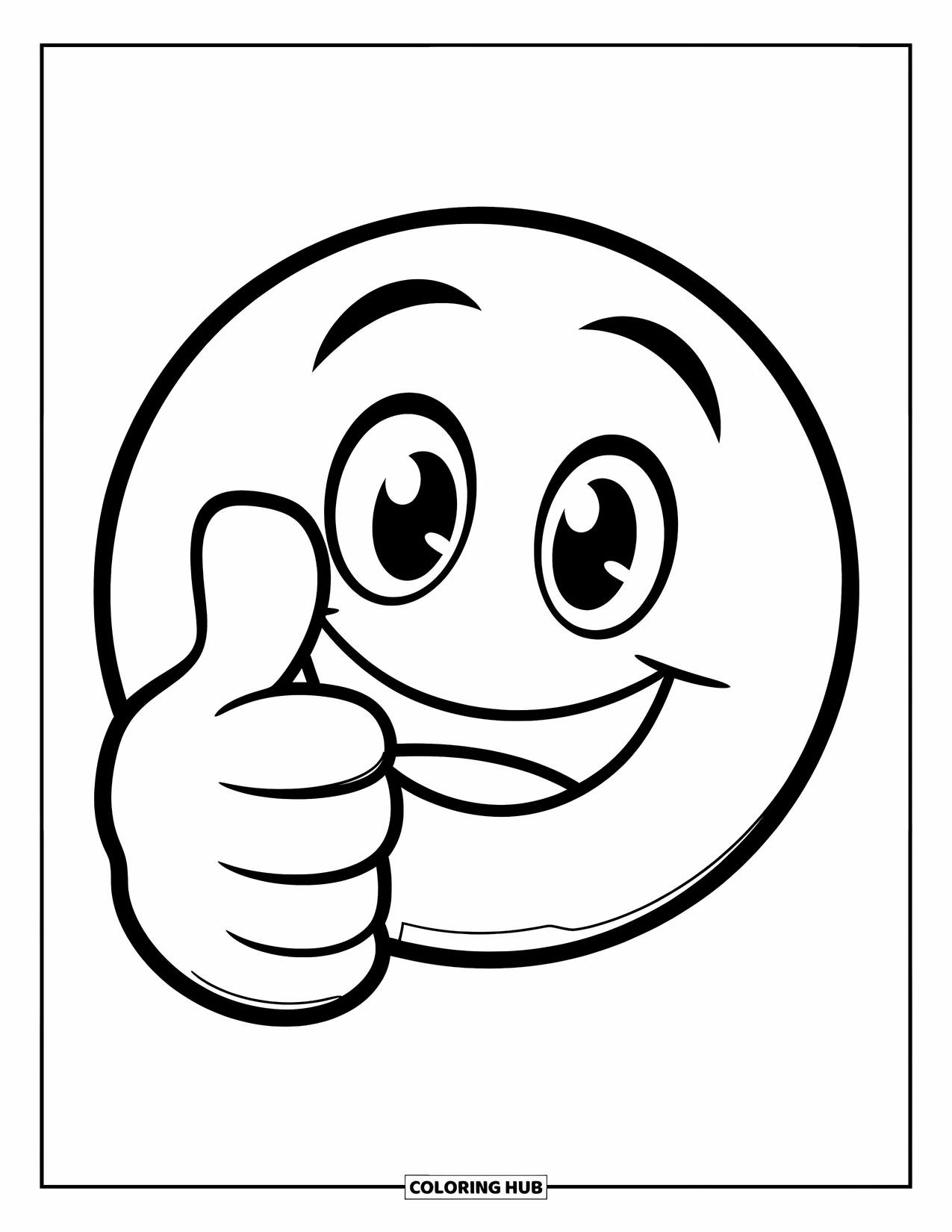 Emoji Coloring Page for Kids: A happy emoji gives a thumbs-up with a cheerful face and chunky hand