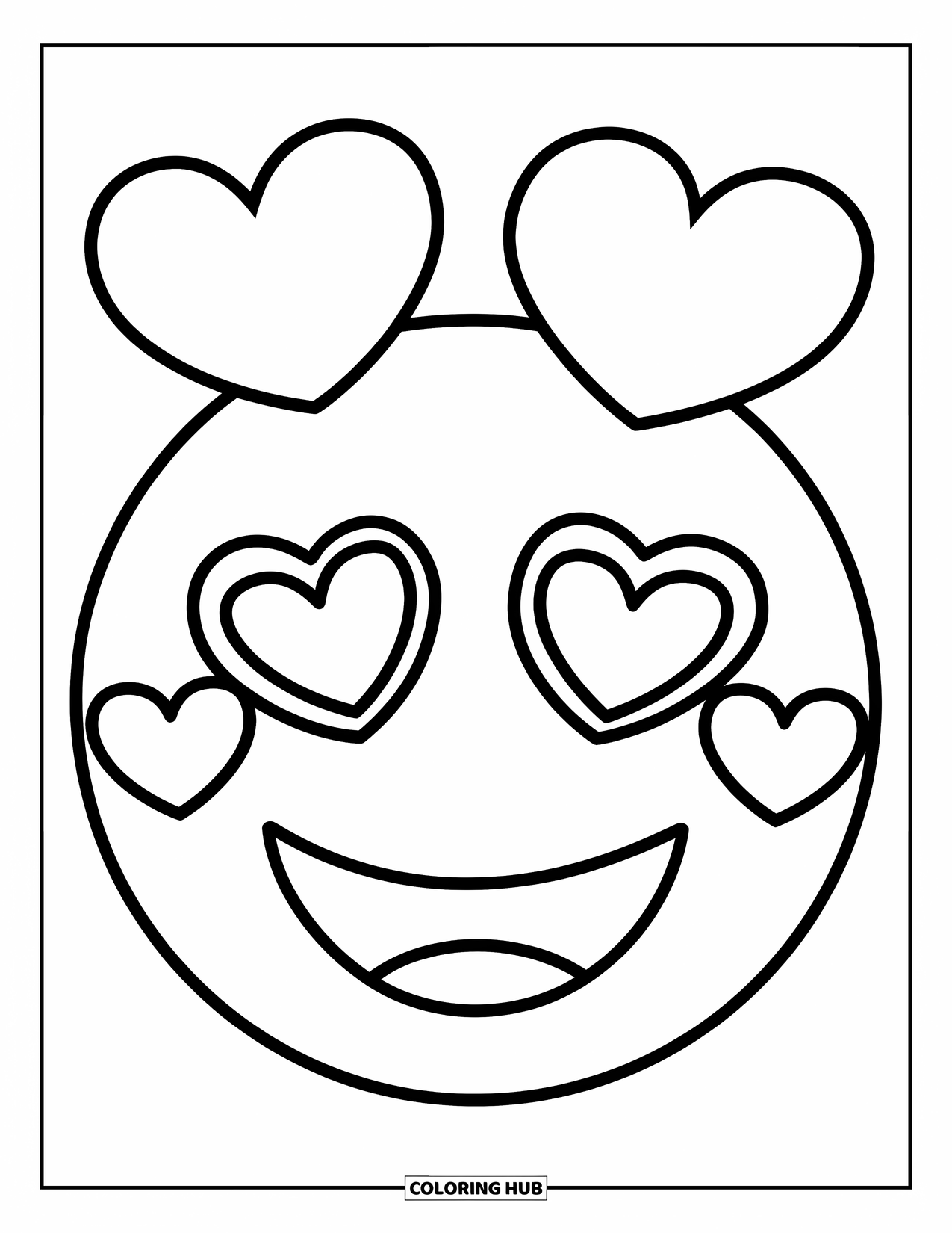 Emoji Coloring Page for Kids: A heart-eyed emoji smiles brightly with hearts above its happy face